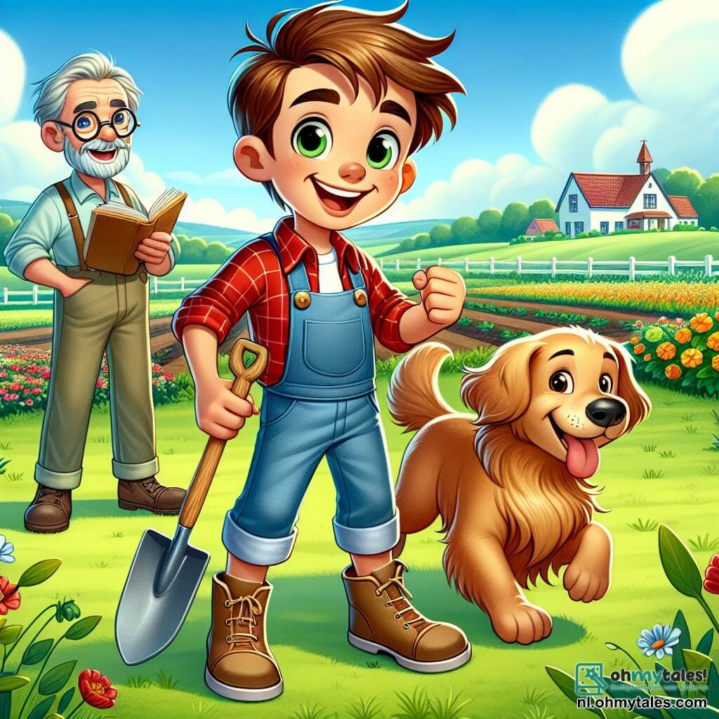 Een jonge man, Thomas, glimlachend en enthousiast, staat in het midden van een groen veld, gekleed in een roodgeruite shirt en een stoffen broek. Zijn bruine haar is licht in de war door de wind, en hij houdt een kleine houten schep vast, klaar om zaden in de vruchtbare aarde te planten. Naast hem rent zijn trouwe hond Max, een blije golden retriever, in het rond, met zijn tong uitgestoken en zijn ogen sprankelend van blijdschap. Verderop is meneer Van Dijk te zien, een man van ongeveer 60 jaar met ronde bril en een grijze baard, die Thomas met een welwillende glimlach observeert, terwijl hij een boek over planten in zijn handen houdt. De locatie is een pittoreske boerderij, omringd door groene heuvels, met kleurrijke bloemen langs het pad en een blauwe lucht bezaaid met donzige witte wolken. De scène straalt een vredige en blije sfeer uit, die het moment illustreert waarop Thomas begint met het zaaien van zijn zaden in de grond, vol hoop voor de komende oogst.