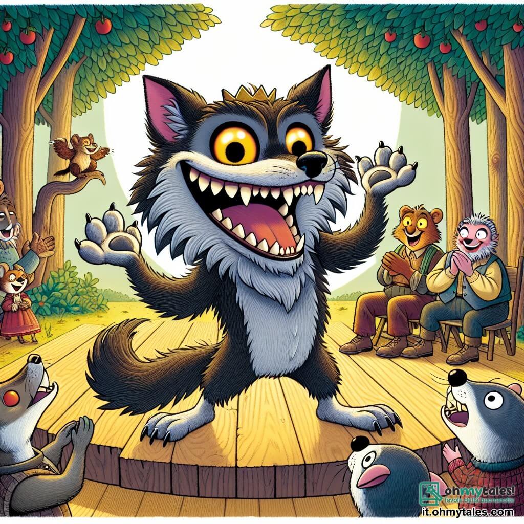 Al centro dell'immagine, un lupo mannaro di nome Lupoletto, allegro e birichino, è in piedi su un palco di legno, con un grande sorriso che mostra i suoi denti bianchi. Ha un pelo grigio e marrone, occhi scintillanti di malizia e indossa una piccola corona d'argento. Le sue zampe anteriori sono sollevate, come se stesse raccontando una barzelletta al pubblico. Alla sua destra, una zibellina di nome Occhialina, con grandi occhi rotondi e piume dai colori vivaci, applaude con entusiasmo, per metà appollaiata su un piccolo albero, pronta a volare di gioia. A sinistra, un gruppo di roditori, tra cui un coniglio di nome Corridore, un giovane con grandi orecchie, ride forte, seduto su una panchina di rami. Il contesto è una radura soleggiata nel Bosco di Rimbalzo, circondata da alberi maestosi e fiori colorati. Lupoletto racconta una barzelletta esilarante, suscitando risate tra gli spettatori e creando un'atmosfera di gioia e amicizia, che rappresenta lo spirito festoso del concorso di barzellette.