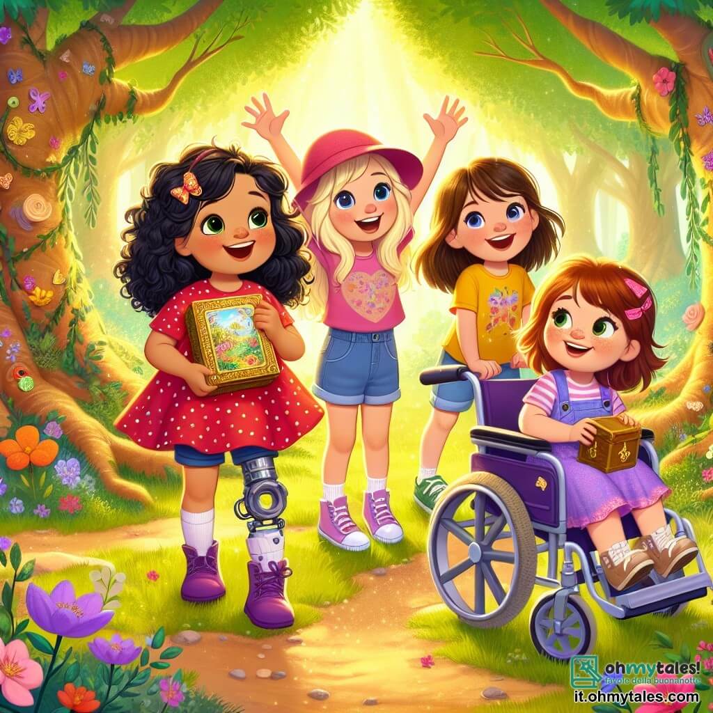 Quattro amiche, tutte di circa 8 anni, si trovano al centro di un radura incantata. Sofia, con i capelli neri e ricci, indossa un vestito rosso a pois bianchi e sorride felice mentre tiene una mappa magica. Alla sua destra, Emma, con gli occhi azzurri e i capelli biondi, indossa una maglietta gialla e un paio di pantaloni di jeans, sollevando le braccia in segno di entusiasmo. A sinistra c'è Giulia, con un cappello rosa e i capelli castani, che si accovaccia per esaminare una piccola scatola di legno che hanno appena disotterrato. Infine, Mia, la più coraggiosa, è seduta sulla sua sedia a rotelle, con un grande sorriso, indossando una maglietta viola e pantaloni comodi, osservando le sue amiche con ammirazione. Il contesto è una splendida radura, illuminata da una luce dorata e circondata da alberi maestosi con foglie verdi brillanti. I fiori colorati costellano il terreno e una grande luna di carta è appesa a un albero, aggiungendo un tocco magico all'ambiente. Le quattro amiche hanno appena scoperto un tesoro nascosto: una piccola scatola piena di materiali artistici, simbolo del loro spirito avventuroso e della loro creatività, pronte a celebrare la loro scoperta circondate dalla bellezza della natura.