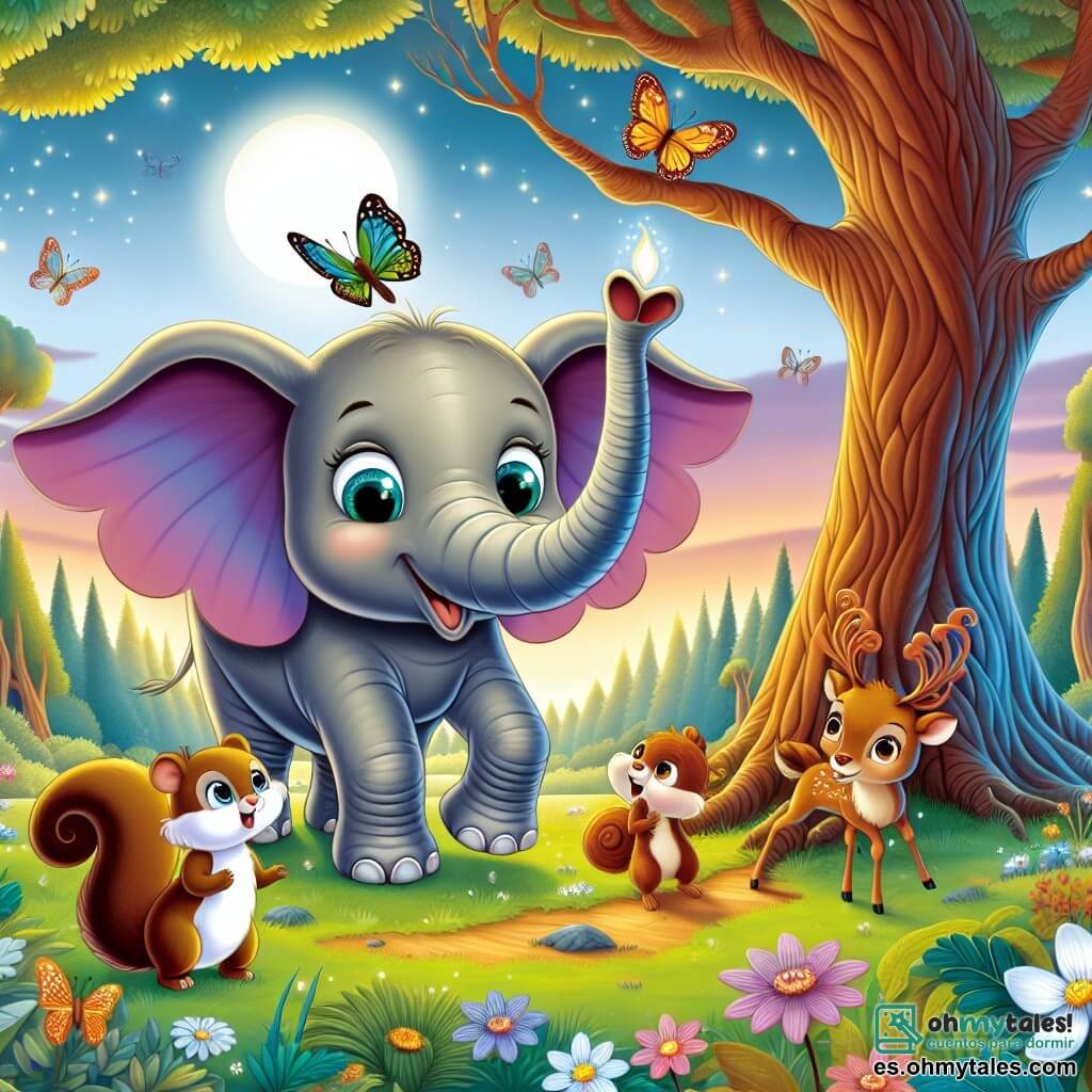 Un elefante llamado Paco, con grandes orejas coloridas como alas de mariposa y una trompa larga y alegre, se encuentra en el centro de la escena, mostrando una sonrisa maravillada y curiosa. A su lado, Lola la ardilla, con pelaje marrón y ojos chispeantes, trepa por una rama, mirando a Paco con entusiasmo, mientras que Tito el ciervo, con su pelaje dorado y grandes ojos suaves, se queda un poco atrás, listo para animarlo. El escenario es un hermoso claro del Bosque de los Susurros, donde los árboles cantan suavemente con el viento y las flores bailan bajo el sol, creando una atmósfera mágica y colorida. En el centro de este claro, un antiguo y majestuoso árbol, con hojas brillantes como espejos, irradia una aura de sabiduría y misterio. La situación principal muestra a Paco, Lola y Tito descubriendo la Llama de la Amistad, una luz cálida y centelleante que brilla en el corazón del claro, simbolizando la amistad y la magia del momento, mientras se mantienen juntos, listos para vivir una gran aventura.