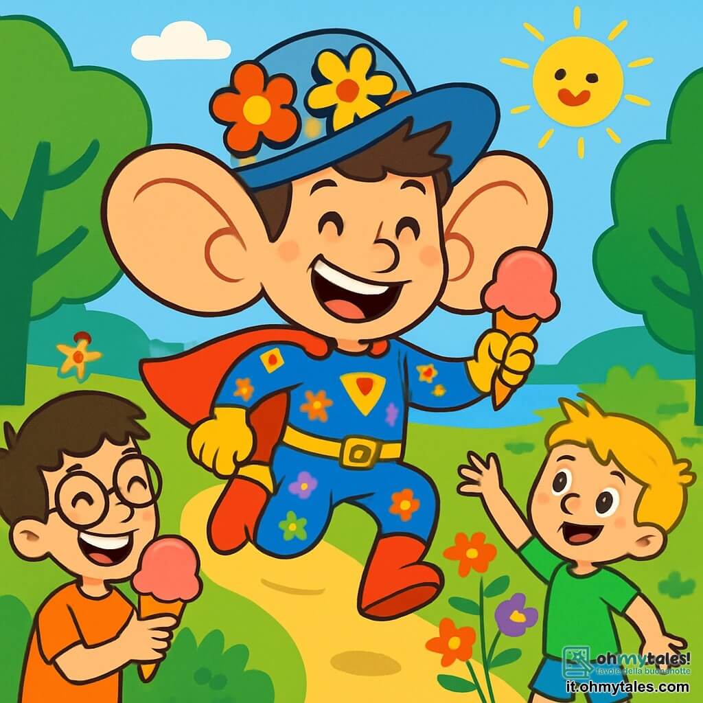 Un supereroe di nome Gigetto, con un grande sorriso, capelli arruffati e orecchie da elefante, salta felice in un parco soleggiato. Indossa un costume colorato con motivi floreali e un grande cappello decorato con fiori. Accanto a lui c'è un ragazzo di circa 8 anni, Pallino, con capelli castani e occhiali rotondi, che tiene un grosso cono gelato alla fragola ridendo. Un altro supereroe, Pinco, un ragazzo di 7 anni con capelli biondi e una maglietta verde, fa crescere fiori colorati intorno a Gigetto, aggiungendo magia alla scena. Il parco è pieno di alberi verdi, fiori multicolori e risate di bambini che giocano, con un lago scintillante sullo sfondo. Gigetto, con le sue grandi orecchie, salta felice tenendo un gelato, mentre Pallino e Pinco lo incoraggiano, creando un'atmosfera di festa e amicizia.