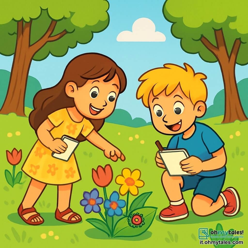 Ci sono 2 personaggi principali: Martina, una ragazza di 8 anni con lunghi capelli castani, che indossa un vestito giallo a fiori e sandali, entusiasta mentre indica un bel mazzo di fiori colorati; e Luca, un ragazzo di 8 anni con capelli biondi disordinati, vestito con una maglietta blu e pantaloni corti, accovacciato a osservare una coccinella su una foglia verde, con un grande sorriso. La scena si svolge in un parco verdeggiante, soleggiato, circondato da alberi maestosi e un vasto campo di fiori colorati: tulipani rossi, narcisi gialli e delicate violette. Un cielo azzurro con alcune nuvole bianche completa questo quadro primaverile. Martina e Luca, meravigliati dalla bellezza della natura, esplorano il parco, scoprendo insetti e fiori mentre prendono appunti nei loro piccoli quaderni, pieni di entusiasmo e curiosità.