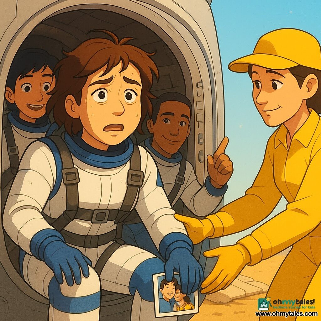 Main astronaut Lina, 32, round expressive face, brown rebellious strands, slightly watery tired eyes, relieved and dazed expression, brows slightly furrowed, mouth ajar; seated in the capsule wearing a white-and-blue spacesuit with visible seams, strapped by thick harnesses, one hand on trembling knees, the other clutching a small family photo. Secondary woman Mina, 30, teammate with short black hair and nervous smile, still strapped in behind Lina, looking outward and whispering with a raised hand of surprise. Secondary man Commander Ruiz, ~45, tanned, small reassuring smile, calm, pointing at instruments from the control panel to Lina's right. Secondary recovery medic, ~35, in bright yellow rescue suit, gentle serious face, crouched outside the open hatch, offering a gloved hand to help Lina out. Setting: open metallic landing capsule with padded textured interior and straps, sunlit exterior kicking up golden dust, clear blue sky, crumpled parachute draped behind the capsule. Scene: recent landing — Lina slowly exiting the capsule aided by the medic, legs shaking, sunlight flooding the scene, relief mixed with vertigo; visible details: small beads of sweat, light scrape on the harness, dust veils, sharp cel-shaded shadows.