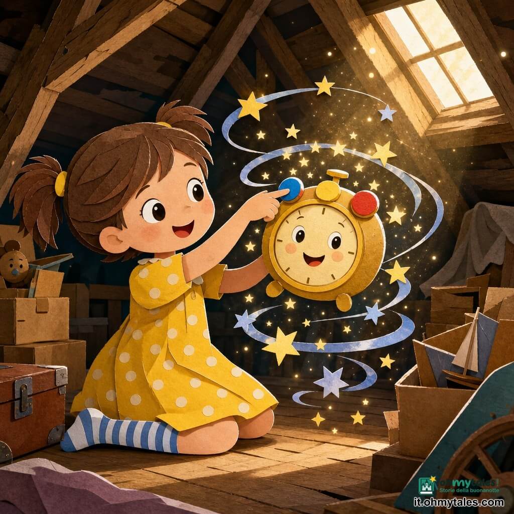 Una bambina di 4 anni, gioiosa e meravigliata, capelli castani a codini, occhi rotondi, vestito giallo a pois e calzini a righe, tiene un piccolo sveglio tondo e lucente; accanto a lei fluttua uno sveglio animato chiamato Tic, piccolo, con volto sorridente sul quadrante e tre bottoni colorati (blu, giallo, rosso) che emettono stelline luminose; nello sfondo un solaio con travi di legno invecchiato, scatole impilate, luce calda da una finestra sul tetto e polvere dorata; la scena cattura il momento in cui la bambina preme il bottone blu e le stelline si sollevano creando una spirale blu-argento intorno a loro; stile visivo netto a ritagli di carta, colori vivaci, texture da carta incollata, contrasti morbidi, atmosfera magica e sicura per bambini.