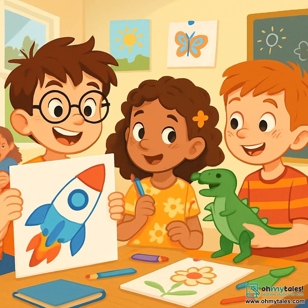 An 8-year-old boy, Max, with messy brown hair and round glasses, is joyfully smiling while holding a large colorful rocket drawing. His eyes sparkle with excitement, and he is wearing an orange t-shirt with a planet design. Next to him, an 8-year-old girl, Zoe, with curly hair and a flower dress, admires his drawing while holding a pencil in one hand. An 8-year-old boy, Ben, with freckles and a striped t-shirt, approaches with a paper dinosaur model, ready to share his project. The scene takes place in a bright classroom, decorated with children's drawings, colorful wooden tables, and windows letting in sunlight. School supplies are scattered on the tables, and a blackboard is filled with drawings and exercises. Max, Zoe, and Ben are working together on their school projects, surrounded by classmates who are drawing and laughing. The atmosphere is joyful and creative, filled with bright colors and smiles, illustrating the spirit of friendship and collaboration.