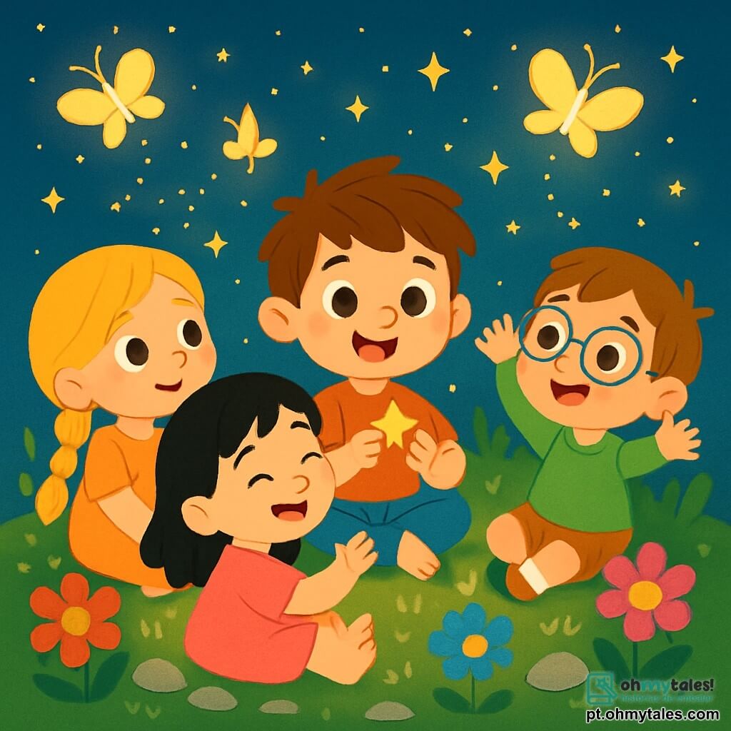 Há 4 crianças: - Miguel: um menino de 6 anos, com cabelos castanhos bagunçados e olhos brilhantes. Ele está sentado no centro, segurando uma pequena estrela brilhante entre os dedos. - Sofia: uma menina de 5 anos, com longos cabelos loiros trançados e um sorriso doce. Ela está à esquerda de Miguel, olhando para as estrelas com admiração. - Lucas: um menino de 6 anos, com óculos redondos e cabelos castanhos. Ele está à direita de Miguel, levantando os braços para tentar tocar a luz mágica que flutua ao redor deles. - Ana: uma menina de 5 anos, com cabelos negros e olhos curiosos. Ela está sentada perto de Sofia, segurando sua mão e rindo alegremente enquanto observa as borboletas de luz. O local é um jardim encantado, banhado em uma luz suave e dourada. Pedras brilhantes formam um círculo ao redor das crianças, e flores coloridas com pétalas cintilantes cercam o jardim. Borboletas de luz dançam no ar, criando padrões luminosos que se misturam com as estrelas cintilantes do céu noturno. A cena principal mostra as crianças sentadas em círculo, maravilhadas com a magia que as cerca. Elas riem e se encantam com as borboletas de luz que voam ao redor delas, criando uma atmosfera pacífica e alegre, perfeita para sonhos.