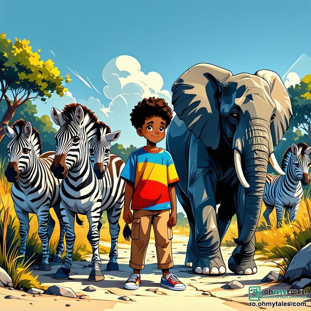 Kofi este un tânăr african, de aproximativ 20 de ani, cu pielea închisă la culoare și părul creț, purtând un tricou colorat și o pereche de pantaloni din pânză. Are o privire hotărâtă și binevoitoare, arătând curaj și compasiune în timp ce întinde mâna către un grup de zebre speriate. Lângă el, Tembo, un elefant măreț, stă mândru și protector, pregătit să-și apere prietenii. Nia, o maimuță jucăușă, se cațără pe umărul lui Kofi, aducând un zâmbet jucăuș în scenă. Zara, o leoaică înțeleaptă și elegantă, observă din spate cu un aer de liniște și înțelepciune, gata să ofere sfaturi. Fundalul este o savană africană vibrantă, cu iarbă aurie și acacia cu frunze verzi, iar în depărtare se ridică Muntele Roșu, adăugând un strop de mister orizontului. Kofi, înconjurat de prietenii săi animale, își întinde mâna către zebrele temătoare, ilustrează un moment de solidaritate și curaj, unde prietenia și ajutorul reciproc înving frica.
