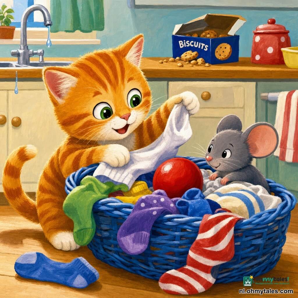 Een onderzoekend kitten Puk, oranje-witte tijgerkat met ronde groene ogen en een nieuwsgierige blije uitdrukking, tilt met een poot een witte sok op; een grijs muisje Rits met grote ronde oren, verlegen maar blij, nestelt zich naast een glanzende rode bal en kijkt naar Puk; een blauw gevlochten wasmand op een licht houten vloer gevuld met gekreukte gekleurde sokken en een gestreepte handdoek; op de achtergrond een lichte keuken met een gootsteen met waterdruppels en een open koekjessblik met kruimels op het aanrecht; situatie: zachte, speelse ontdekking—de rode bal verschijnt tussen de sokken, Puk en Rits kijken naar elkaar in een warme, veilige sfeer.
