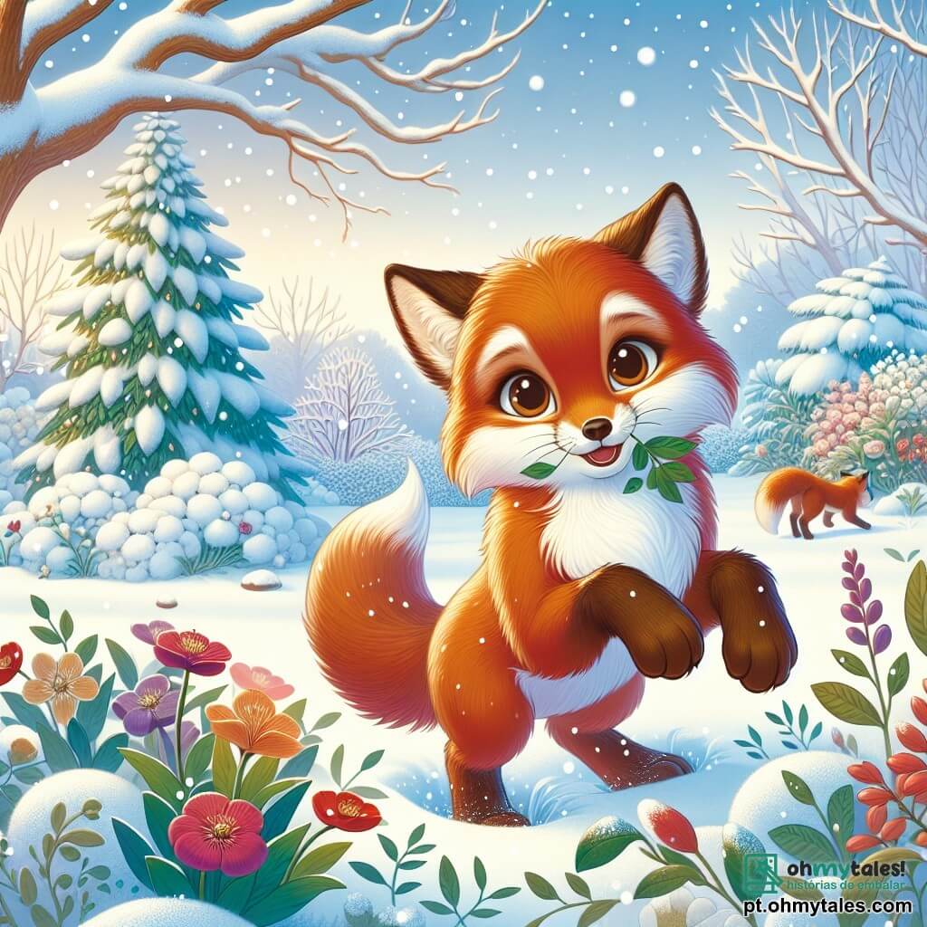 Um jovem raposo ruivo chamado Rafi, com pelagem brilhante e olhos cintilantes de alegria, salta em um jardim coberto de neve, cercado por flocos de neve que caem suavemente. Ele sorri amplamente, suas pequenas patas afundando na neve fresca. Perto dele, sua mamãe, uma bela raposa de pelagem sedosa, o observa com orgulho, segurando folhas em suas patas dianteiras para cobrir as flores. Ela tem um olhar doce e amoroso, perto de um arbusto coberto de neve. O jardim é uma paisagem invernal encantadora, com árvores cujos galhos estão carregados de neve, flores coloridas mal visíveis sob a cobertura branca, e um céu azul claro salpicado de nuvens fofas. Rafi, todo animado, ajuda sua mamãe a preparar o jardim para o inverno, colocando folhas nas plantas para protegê-las do frio, criando uma cena calorosa e alegre no meio do inverno.