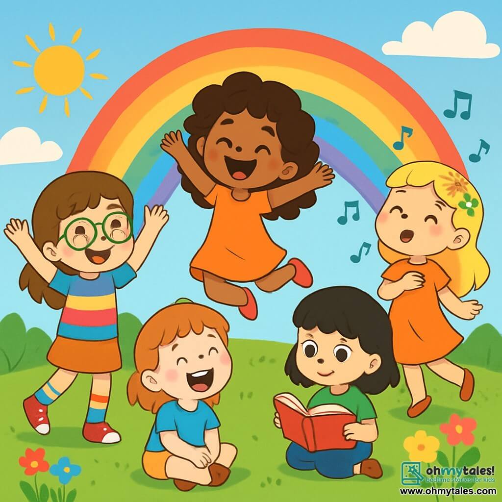 There are 5 characters: - Lucy: a 7-year-old girl with brown hair and round glasses, wearing mismatched socks and a colorful t-shirt. She stands on the left, arms raised in joy. - Emma: a 7-year-old girl with long curly hair and an orange dress. She is in the center, jumping with a big smile on her face. - Mia: a 6-year-old girl with blonde hair and a small flower crown. She is on the right, singing with one hand on her heart, surrounded by musical notes. - Zoey: a 7-year-old girl with black hair and bangs, wearing a green t-shirt. She is crouching, holding an open book, eyes wide with curiosity. - Lily: a 6-year-old girl, the smallest, with red hair and freckles, laughing heartily. She is sitting on the grass, surrounded by colorful flowers. The setting is a sunny park with a lush green lawn dotted with vibrant flowers. In the background, a clear blue sky is decorated with a few fluffy white clouds, and a large shimmering rainbow stretches majestically above the children, creating a magical and joyful atmosphere. The main scene shows the children joyfully sliding down a rainbow, their faces radiating happiness as they laugh and have fun together, creating unforgettable memories in their colorful adventure.