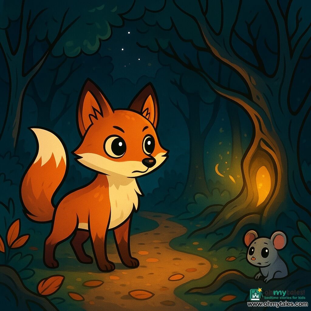 A fox with copper and golden fur, large bright eyes filled with curiosity, and a determined expression stands in the center of a forest path. It attentively gazes at a mysterious glow emanating from a twisted tree, its ears perked up and bushy tail flowing behind. Next to it, a small gray mouse with big round eyes, trembling slightly with fear, observes the scene from behind a root. The setting is a dense forest with gnarled trees rising towards a starry sky, and shadows dancing on the ground covered with golden leaves. The main scene shows the fox ready to venture towards the light, while the wind rustles the leaves, creating an atmosphere that is both intriguing and slightly eerie.