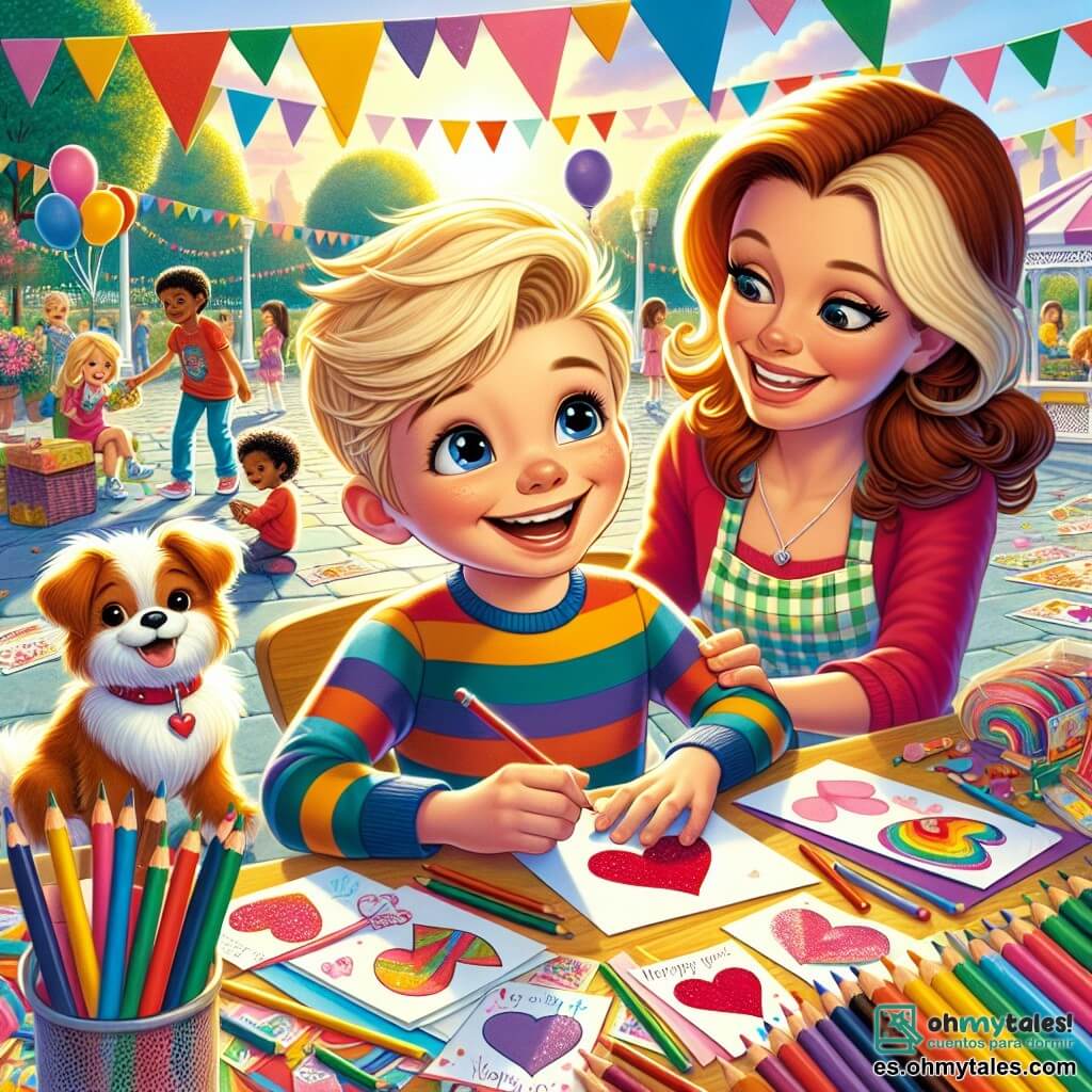 Un niño de 6 años, Lucas, con cabello rubio rizado y una gran sonrisa, está sentado en una mesa colorida, rodeado de papeles de diferentes colores y lápices. Está dibujando tarjetas de San Valentín, sus ojos brillan de emoción y alegría. A su lado, su mamá, una mujer sonriente de unos treinta años con cabello castaño y un delantal colorido, lo anima con ternura, observando su trabajo con orgullo. En el fondo, un pequeño perro peludo con un collar rojo, Toby, está cerca de un árbol, mirando a Lucas con ojos brillantes. La escena se desarrolla en una hermosa plaza soleada, decorada con globos de colores y guirnaldas, donde niños juegan y ríen alegremente. Lucas crea tarjetas brillantes, listo para regalarlas a sus amigos, mientras descubre la magia de la amistad y el amor a través de sus gestos.