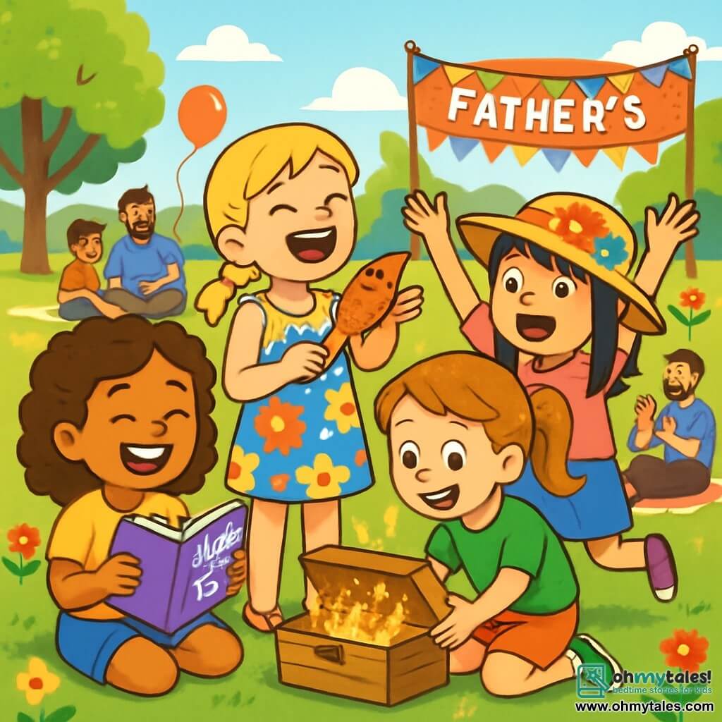 There are four children: - Lily: a 9-year-old girl with curly brown hair, wearing a yellow t-shirt and denim shorts. She is sitting on the grass, holding a joke book, with a big smile on her face. - Emma: a 9-year-old girl with braided blonde hair, dressed in a colorful floral dress. She is standing next to Lily, laughing while holding a decorated wooden fish. - Zoe: a 9-year-old girl with red hair in a ponytail, wearing a green t-shirt and shorts. She is crouched down, surrounded by glitter, showing off a huge sparkling toolbox. - Harper: a 9-year-old girl with straight black hair, wearing a gardener's hat adorned with paper flowers. She is standing behind Zoe, raising her arms in excitement as if she just won a prize. The main setting is a sunny park filled with colorful flowers and lush trees. Families are sitting on picnic blankets, and balloons are floating in the air. In the background, there is a podium decorated with garlands for Father's Day parade, with laughter and applause echoing. The main situation shows the four friends celebrating Father's Day, surrounded by their smiling and happy dads. The children proudly present their handmade gifts while the dads laugh and have fun, creating a joyful and festive atmosphere.