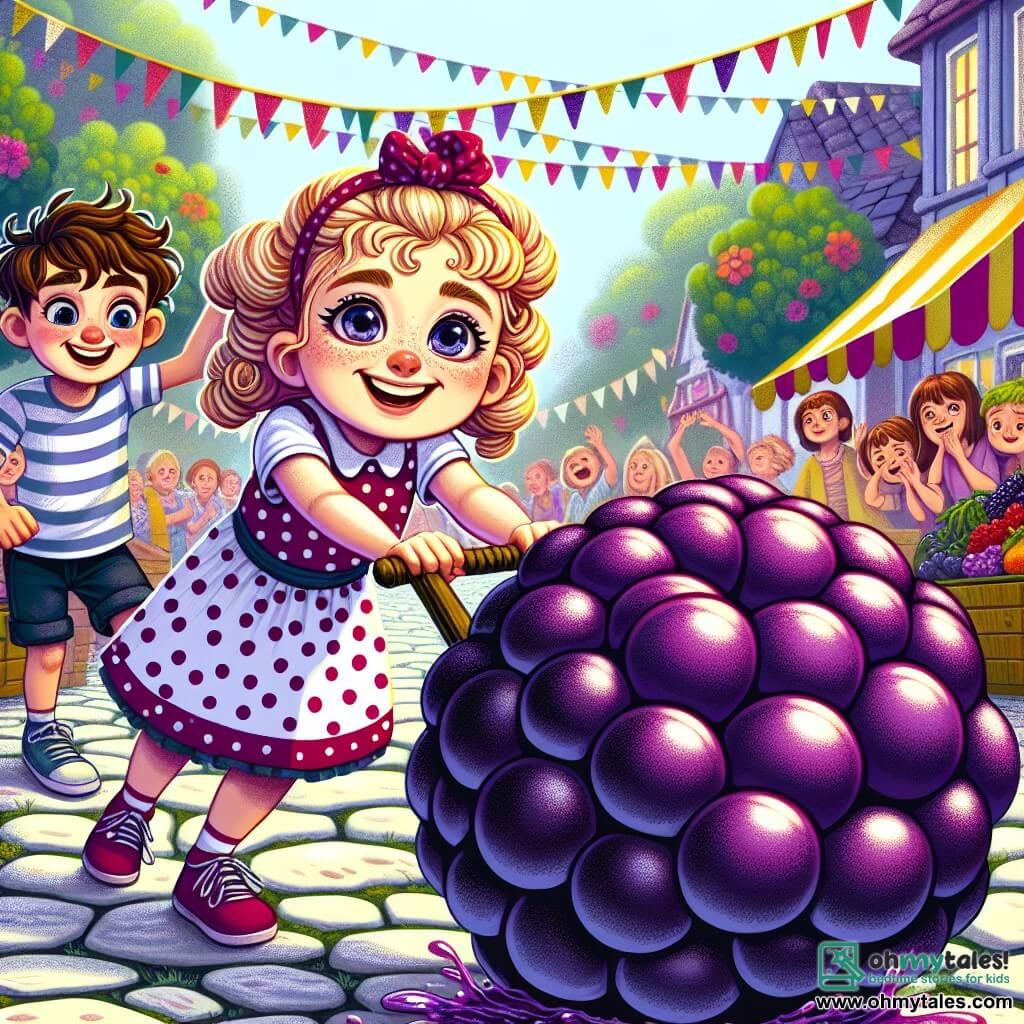 An 8-year-old girl with curly pigtails and sparkling determined eyes is pushing a huge purple grape, almost as big as she is, along a cobblestone road. She wears a colorful polka dot dress and a big smile, showing her enthusiasm for this impossible challenge. Next to her, her friend Max, a 9-year-old boy with messy brown hair and a striped t-shirt, encourages her with a big smile and arms raised in support, standing slightly back, ready to help if the grape slips. In the background, the bustling Jellyville square is decorated with colorful banners and filled with curious spectators, all watching excitedly. Families are near fruit stands, and children are laughing and cheering. The scene captures the girl in action, pushing the grape that rolls unpredictably, surrounded by vibrant flowers and blooming trees, creating a joyful and festive atmosphere.