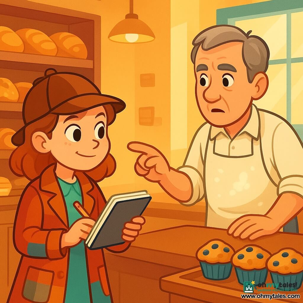 Millie Pines, a 10-year-old detective, stands in a bright bakery with curious eyes and a determined smile. She wears a brown detective hat and a colorful coat, holding an open notebook in one hand and a pencil in the other, ready to take notes. Next to her, Mr. Puddle, a man in his fifties with graying hair and a flour-dusted apron, looks on with a mix of worry and hope, pointing to the counter where the recipe book has disappeared. The bakery is warm, with shelves filled with golden pastries, colorful jars of jam on the counter, and soft light filtering through the windows. On the table, blueberry muffins are displayed, adding a splash of color to the scene. The main focus shows Millie investigating the counter while Mr. Puddle watches, hoping she will find his precious recipe book.