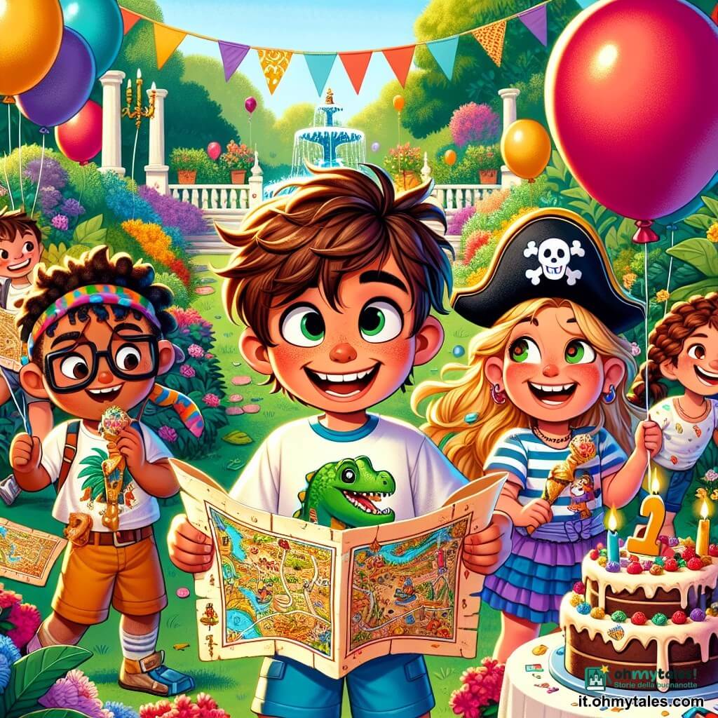 Un ragazzo di 10 anni, Tommaso, con capelli castani arruffati e un grande sorriso gioioso, si trova al centro dell'immagine, tenendo in mano una mappa del tesoro colorata. Indossa una maglietta con motivi di dinosauri e un pantaloncino blu, i suoi occhi brillano di eccitazione. Alla sua destra, la sua migliore amica Sofia, una ragazza di 9 anni con capelli biondi intrecciati, tiene un grande pallone rosso e ride, le guance arrossate dall'entusiasmo. A sinistra, Andrea, un ragazzo di 10 anni con occhiali e un cappello da pirata, si prepara a leggere un indizio della mappa, concentrato. Lo sfondo è un giardino verdeggiante, pieno di fiori colorati e alberi frondosi, con un grande prato dove i bambini giocano. Sullo sfondo, un tavolo decorato con palloni e una bella torta al cioccolato attira l'attenzione, aggiungendo un tocco festoso alla scena. La situazione principale mostra Tommaso e i suoi amici in piena caccia al tesoro, ridendo e divertendosi, circondati da sorprese e avventure, con un'aria di amicizia e gioia che illumina il momento.