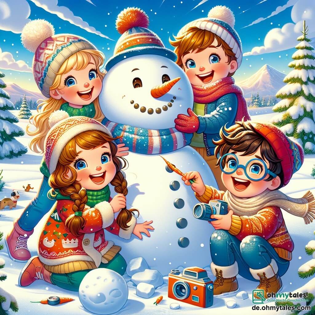 In einer fröhlichen Szene stehen vier Kinder in einer winterlichen Landschaft. Max, ein 8-jähriger Junge mit zerzausten braunen Haaren und einem breiten Lächeln, ist in der Mitte und rollt eine riesige Schneekugel. Links von ihm lacht Mia, ein 7-jähriges Mädchen mit langen, geflochtenen blonden Haaren und roten Wangen, während sie eine Karotte für die Nase des Schneemanns hält. Rechts steht Ben, ein 9-jähriger Junge mit Brille und braunen Haaren, der einen alten Hut auf den Schneemann setzt. Schließlich bereitet sich Lea, ein 8-jähriges Mädchen mit lockigem Haar und rotem Mütze, darauf vor, mit einer bunten Kamera ein Foto zu machen und diesen magischen Moment festzuhalten. Der Ort ist eine weite, verschneite Ebene, umgeben von majestätischen, schneebedeckten Tannen. Der Himmel ist strahlend blau mit ein paar flauschigen Wolken, und die Sonne scheint und taucht die Szene in goldenes Licht. Die Hauptsituation zeigt die Kinder, die einen großen Schneemann bauen, mit Lachen und strahlenden Gesichtern, während sie bunte Accessoires hinzufügen, um ihn lebendig und lustig zu machen.