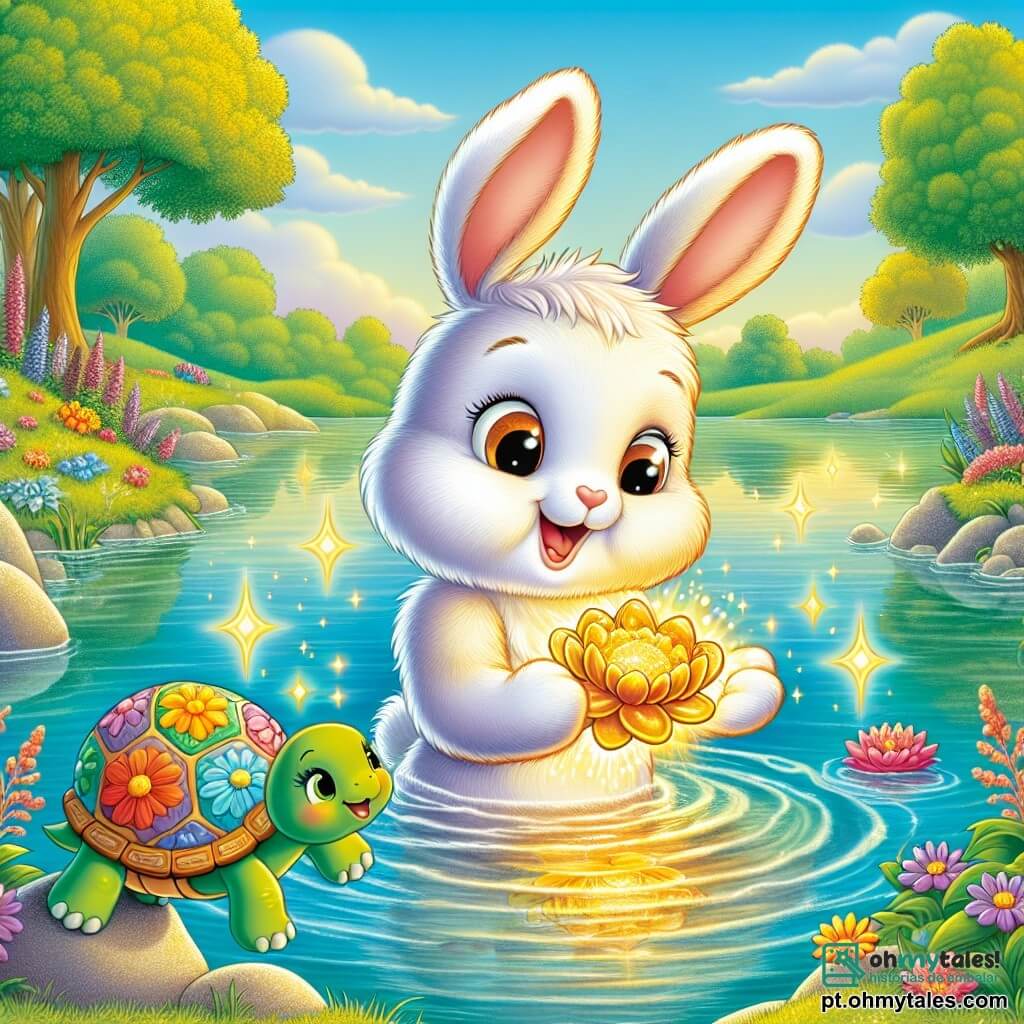 Um coelhinho chamado Luni, com grandes orelhas, pelagem suave e olhos brilhantes de curiosidade, nada alegremente em um lago encantado, segurando uma flor dourada em suas patinhas. Ao seu lado, uma tartaruga chamada Tita, com uma carapaça colorida de flores e olhos brilhantes de alegria, aplaude entusiasticamente, em pé sobre uma pedra à beira do lago. O lugar é um magnífico lago cercado por vegetação luxuriante, com flores multicoloridas dançando ao vento e árvores majestosas refletindo na água cintilante. A cena principal mostra Luni, orgulhoso e feliz, tendo conseguido recuperar a flor mágica para Tita, enquanto raios de luz dourada emanam da flor, iluminando a cena com uma atmosfera mágica e alegre.