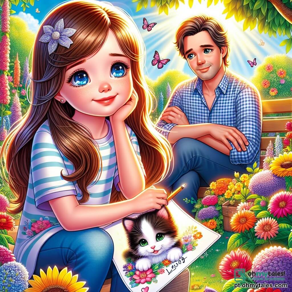Uma menina de 6 anos, Sofia, está em um jardim ensolarado, cercada por flores coloridas. Ela tem longos cabelos castanhos, olhos brilhantes e um sorriso suave, mas há uma sombra de tristeza em seu olhar. Ela segura um desenho de um gatinho e olha para o céu pensativa. Ao seu lado, seu pai, um homem na casa dos trinta anos, tem um rosto acolhedor. Ele está sentado em uma cadeira de jardim, vestindo uma camisa xadrez e calças jeans, olhando para Sofia com ternura, pronto para consolá-la. O jardim está cheio de flores vibrantes, borboletas e uma grande árvore que oferece sombra. O sol brilha, criando uma atmosfera tranquila. Sofia se lembra de seu amigo Léo, o gatinho que perdeu, e contempla o desenho que fez para ele, relembrando os momentos felizes que passaram juntos.