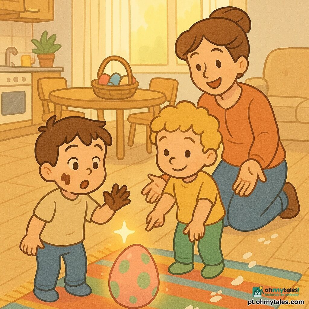 Há 3 personagens: um menino de 4 anos, cabelos castanhos curtos, manchas de chocolate na bochecha, à esquerda, segurando um pedacinho de chocolate e olhando com maravilha para um grande ovo rosa; outro menino de 4 anos, cabelos loiros e encaracolados, sorriso tímido, à direita, segurando a mão do primeiro e apontando pequenas pegadas brancas no chão; uma mulher adulta (mãe), cerca de 30 anos, cabelos castanho-escuros presos num coque suave, ajoelhada atrás deles, estendendo os braços para receber chocolate e sorrindo calorosamente. Local: interior de uma sala-cozinha iluminada pela manhã, chão de madeira clara com tapete colorido, cortinas leves deixando entrar raios dourados, ao fundo uma mesa com uma cesta de ovos pintados e um sofá bege. Situação: os dois meninos seguem pegadas brancas até um grande ovo rosa com bolinhas verdes sobre o tapete; o ovo emite uma luz suave e uma estrela brilhante flutua acima; atmosfera alegre e acolhedora, cores pastel, traços arredondados e formas simples, sombras leves e texturas suaves.