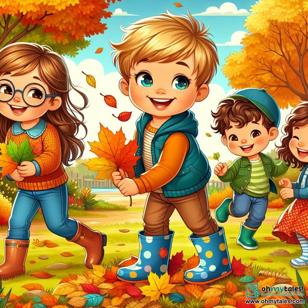 In an autumn park, four children are joyfully playing. Mia, an 8-year-old girl with brown hair and glasses, is collecting colorful leaves. She wears an orange sweater and jeans. Liam, a 7-year-old boy with blonde hair and sparkling eyes, stands next to her holding a large yellow leaf. He is wearing a blue jacket and a beanie. Zoe, a 6-year-old girl with curly hair and a bright smile, is jumping into a big pile of leaves. She is dressed in a red polka dot dress and rubber boots. Jack, a 7-year-old boy with brown hair and a green t-shirt, stands a bit back, laughing and watching his friends. The park is filled with majestic trees with orange, yellow, and red leaves, and the ground is covered in fallen leaves. The sky is bright blue, and the sun shines gently. The children are having fun jumping into the leaves, creating a swirl of vibrant colors around them while birds sing in the trees.