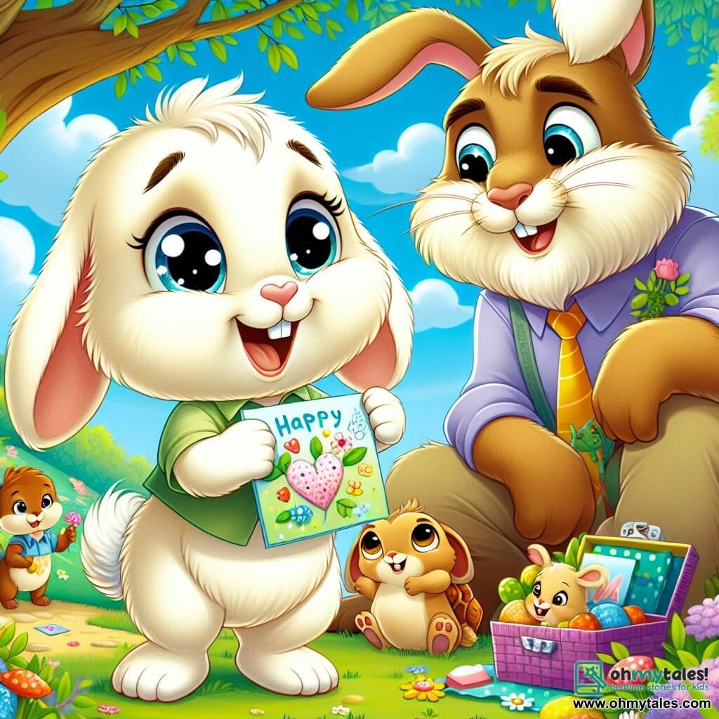 A young rabbit named Benny, with soft, fluffy cream-colored fur, large floppy ears, and sparkling joyful eyes, is holding a colorful card in his little paws, a wide smile lighting up his face. Next to him is his dad, Mr. Thumper, a big brown rabbit with bushy whiskers, looking at his son with pride and tenderness, his eyes shining with emotion as he prepares to receive the gift. In the background, a group of animal friends, including a red-furred squirrel and a wise turtle with a green shell, are busy preparing a picnic, their faces beaming with happiness and excitement. The scene takes place in a sunny meadow dotted with colorful flowers, under a clear blue sky and fluffy clouds, where a large shady tree provides a cool spot for the picnic. Benny, with his heart overflowing with love, enthusiastically reveals his surprise for Father's Day, surrounded by his friends, creating a joyful and festive atmosphere.