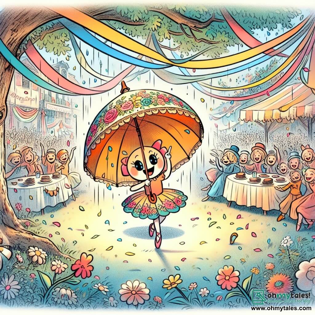 An illustration depicts a cheerful little umbrella with a smiling face and bright colors, dancing on its tips in a festive atmosphere, its eyes sparkling with excitement. Next to it is a small dancing shoe with twinkling eyes and a radiant smile, tapping its feet in rhythm, adding joy to the scene. In the background, a mother umbrella with floral patterns and a touched expression is surrounded by her smiling friends, all applauding, creating a warm and joyful atmosphere. The main setting is the village square, decorated with colorful ribbons fluttering in the wind, featuring a large old oak tree at the center, its leaves rustling gently, and tables laden with fluffy pancakes and vibrant flowers. The main scene shows the little umbrella and its dancing shoe friend singing and dancing to celebrate Mother's Day, surrounded by laughter and applause, creating a magical and joyful moment. Other graphic elements include floating balloons, flower garlands, and rays of sunshine filtering through the tree branches, adding a touch of light and happiness to this festive scene.