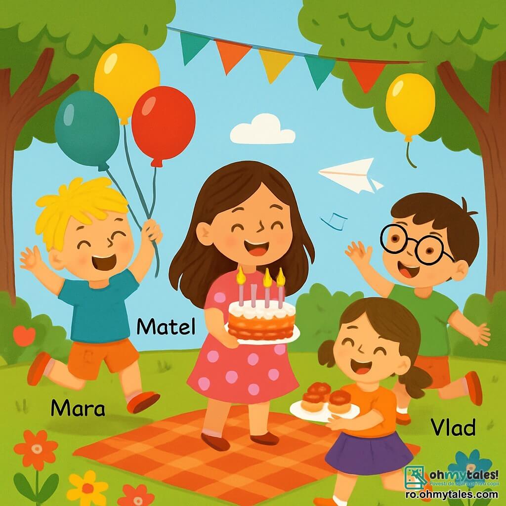 Sunt 4 copii: - Mara: o fetiță de 6 ani, cu păr lung și castaniu și ochi strălucitori. Poartă o rochie roz cu buline și ține un tort de aniversare decorat cu lumânări. - Matei: un băiat de 5 ani, cu păr blond și un zâmbet mare. Poartă un tricou albastru și ține baloane colorate care plutesc în aer. - Ana: o fetiță de 5 ani, cu păr castaniu și două codițe. Poartă o fustă violet și ține o farfurie cu prăjituri delicioase. - Vlad: un băiat de 6 ani, cu păr brun și ochelari. Poartă un tricou verde și se distrează aruncând săgeți din hârtie. Copiii se află într-o grădină însorită, plină de flori colorate și copaci mari verzi. O masă mare cu carouri este întinsă pe iarbă, cu baloane agățate de crengile copacilor și ghirlande de hârtie care flutură în vânt. Principala situație a poveștii arată copiii sărbătorind ziua de naștere a Marei. Ei dansează vesel în jurul tortului, râd și cântă, în timp ce baloanele se ridică în cerul albastru.