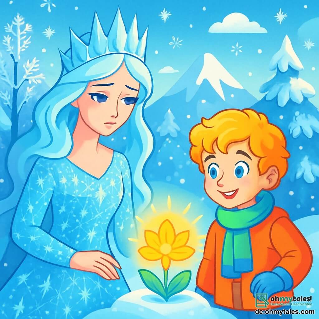 Die Schneekönigin, eine Frau von ätherischer Schönheit, trägt ein funkelndes Kleid aus Eiskristallen, die das Licht wie Diamanten reflektieren. Ihr Gesicht ist sanft, aber von Melancholie geprägt, ihre tiefblauen Augen strahlen geheimnisvoll, während sie im Zentrum einer verschneiten Landschaft steht. An ihrer Seite steht Elian, ein etwa 10-jähriger Junge mit lockigem, goldenem Haar, der einen bunten Mantel trägt, der im Kontrast zum strahlenden Weiß des Schnees steht. Er schaut die Königin bewundernd an, ein warmes Lächeln erhellt sein Gesicht. Die Kulisse ist ein weites Reich aus Eis, mit Bäumen, die mit schimmerndem Reif bedeckt sind, und Schneeflocken, die sanft vom Himmel fallen. In der Ferne erheben sich majestätische Berge, deren Gipfel im Wintersonnenschein funkeln. Die Szene zeigt die Schneekönigin und Elian, die gemeinsam eine wunderschöne magische Blume entdecken, die in goldenem Licht strahlt und Hoffnung sowie Wärme in dieser gefrorenen Welt symbolisiert.