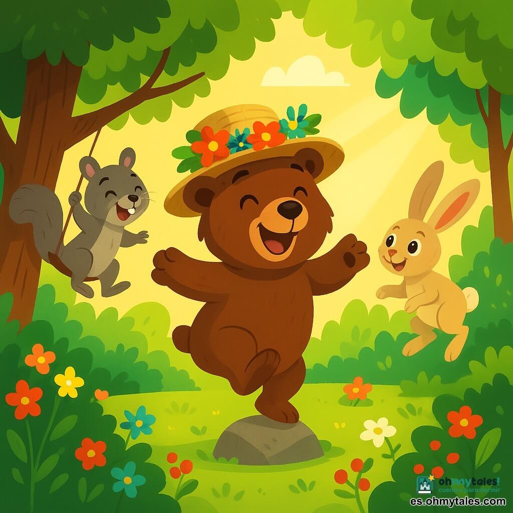 Un oso llamado Pancho, con pelaje marrón y ojos chispeantes, está de pie sobre una piedra pequeña, sonriendo. Lleva un sombrero de paja adornado con flores coloridas y trata de saltar como una ardilla, aunque se ve un poco torpe. A su lado, una ardilla llamada Rita, con pelaje gris y ojos vivos, se balancea en una rama riendo al verlo. Más lejos, una liebre llamada Lupo, con orejas grandes y pelaje beige, está lista para saltar imitando a Pancho. La escena tiene lugar en el Bosque Saltarín, un lugar encantado lleno de árboles verdes, flores brillantes y rayos de sol filtrándose a través de las hojas. En el suelo, bayas coloridas añaden magia al entorno. En esta situación, Pancho intenta saltar como una ardilla, pero termina cayendo en un arbusto de bayas, provocando risas entre sus amigos.