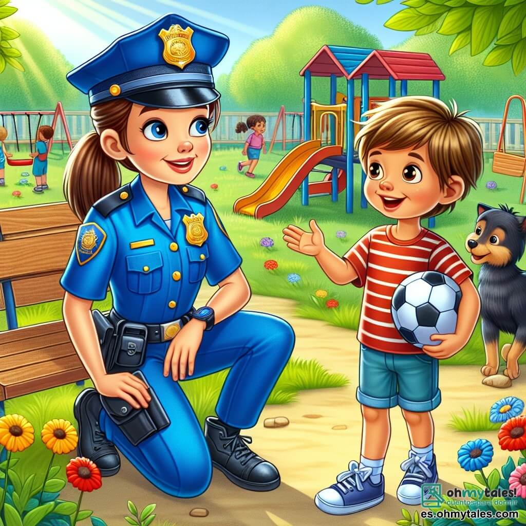 Una policía sonriente, Ana, está en el centro de la imagen. Tiene el cabello castaño recogido en una coleta, lleva un uniforme azul con una placa brillante y zapatos negros. Su rostro expresa amabilidad y determinación mientras se inclina para hablar con un niño. Al lado de ella, Pablo, un niño de 8 años con el cabello rubio despeinado y una camiseta roja, sostiene un balón de fútbol bajo el brazo. Tiene una gran sonrisa en el rostro, mostrando su alegría por haber encontrado su balón. La escena se desarrolla en un parque soleado, con árboles verdes, bancos de madera y juegos infantiles al fondo. Flores coloridas añaden un toque de alegría al entorno. La situación principal muestra a Ana y Pablo buscando el balón perdido en los arbustos, con un perro curioso que los observa, listo para ayudar en su búsqueda.