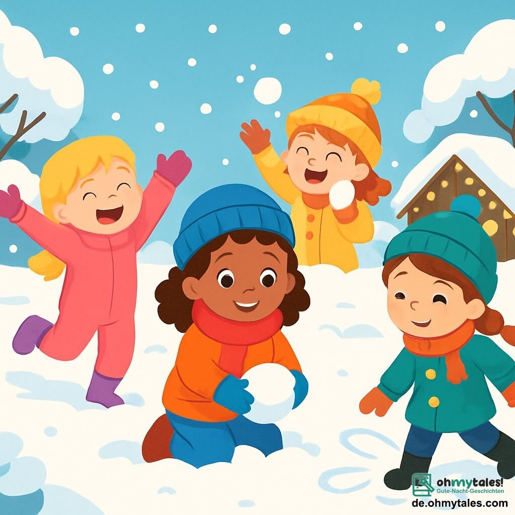 Es gibt vier Kinder: Emma, ein 6-jähriges Mädchen mit braunen, lockigen Haaren, trägt einen großen roten Schal und eine blaue Mütze. Sie steht in der Mitte, lächelt und macht einen Schneeball. Lea, ein 5-jähriges Mädchen mit blonden, glatten Haaren, trägt einen rosa Overall und lila Handschuhe. Sie ist links und springt in den Schnee mit erhobenen Armen. Mia, ein 6-jähriges Mädchen mit kastanienbraunen Haaren und einem Zopf, trägt einen grünen Mantel und schwarze Stiefel. Sie steht rechts und macht mit ihren Füßen Formen im Schnee. Sophie, ein 5-jähriges Mädchen mit roten Haaren und Sommersprossen, trägt einen gelben Mantel und eine Bommelmütze. Sie steht hinter Emma, lacht und wirft einen kleinen Schneeball. Der Ort ist ein verschneiter Garten mit schneebedeckten Bäumen, sanft fallenden Schneeflocken vom hellblauen Himmel und einem kleinen Holzhaus im Hintergrund, das mit Lichtern geschmückt ist. Die Hauptsituation zeigt die vier Freundinnen, die zusammen spielen, lachen und Schneebälle machen, was eine fröhliche und festliche Winteratmosphäre schafft.