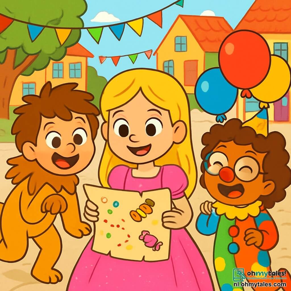 Er zijn 3 personages: - Lotte: een 6-jarig meisje met lang blond haar en sprankelende ogen. Ze draagt een prachtige roze prinsessenjurk met glitters die in de zon schitteren. Ze staat in het midden, glimlachend en enthousiast. - Sam: een 7-jarig jongetje met messy bruin haar en een grote glimlach. Hij is verkleed als leeuw met een gouden kostuum en een grote pluche manen. Hij staat links van Lotte, klaar om energiek te springen. - Noor: een 5-jarig meisje met krullend haar en ronde bril. Ze is gekleed als een kleurrijke clown met een rode neus en ballonnen in haar handen. Ze staat rechts van Lotte, lachend en vrolijk dansend. De locatie is een charmant dorpje versierd voor het carnaval, met geplaveide straten en huizen met kleurrijke gevels. Multikleurige slingers hangen tussen de bomen, en kinderen lachen en spelen rond een grote fontein in het midden van het plein. De hoofdscene toont de drie vrienden die een mysterieuze schatkaart ontdekken, met tekeningen van confetti en snoepjes. Ze kijken elkaar met grote ogen aan, ongeduldig om op avontuur te gaan om de beroemde schat te vinden.