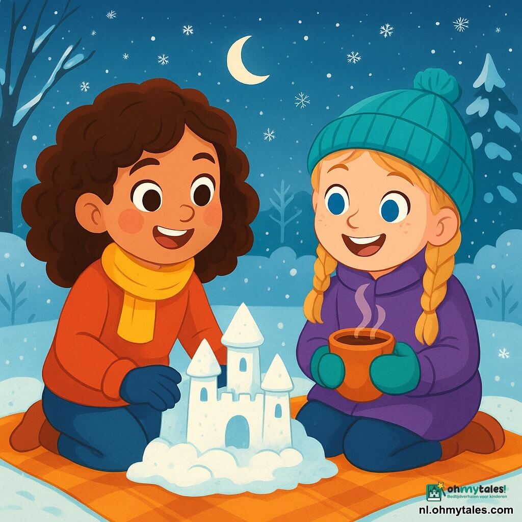 Een 8-jarig meisje met krullend kastanjebruin haar en roze wangen zit op een zachte wollen deken, omringd door glinsterende sneeuwvlokken. Ze glimlacht verwonderd, met stralende ogen van vreugde, terwijl ze een klein sneeuwkasteel bouwt. Naast haar kijkt haar vriendin Noor, een 7-jarig meisje met gevlochten blond haar, met een grote glimlach toe, terwijl ze een kop warme chocolademelk vasthoudt. Ze bevinden zich in een wintertuin, waar de bomen bedekt zijn met een dunne laag sneeuw en de maan het landschap met zilverachtig licht verlicht. De scène toont de twee vriendinnen die een moment van creativiteit en geluk delen, omringd door de magie van de winter.