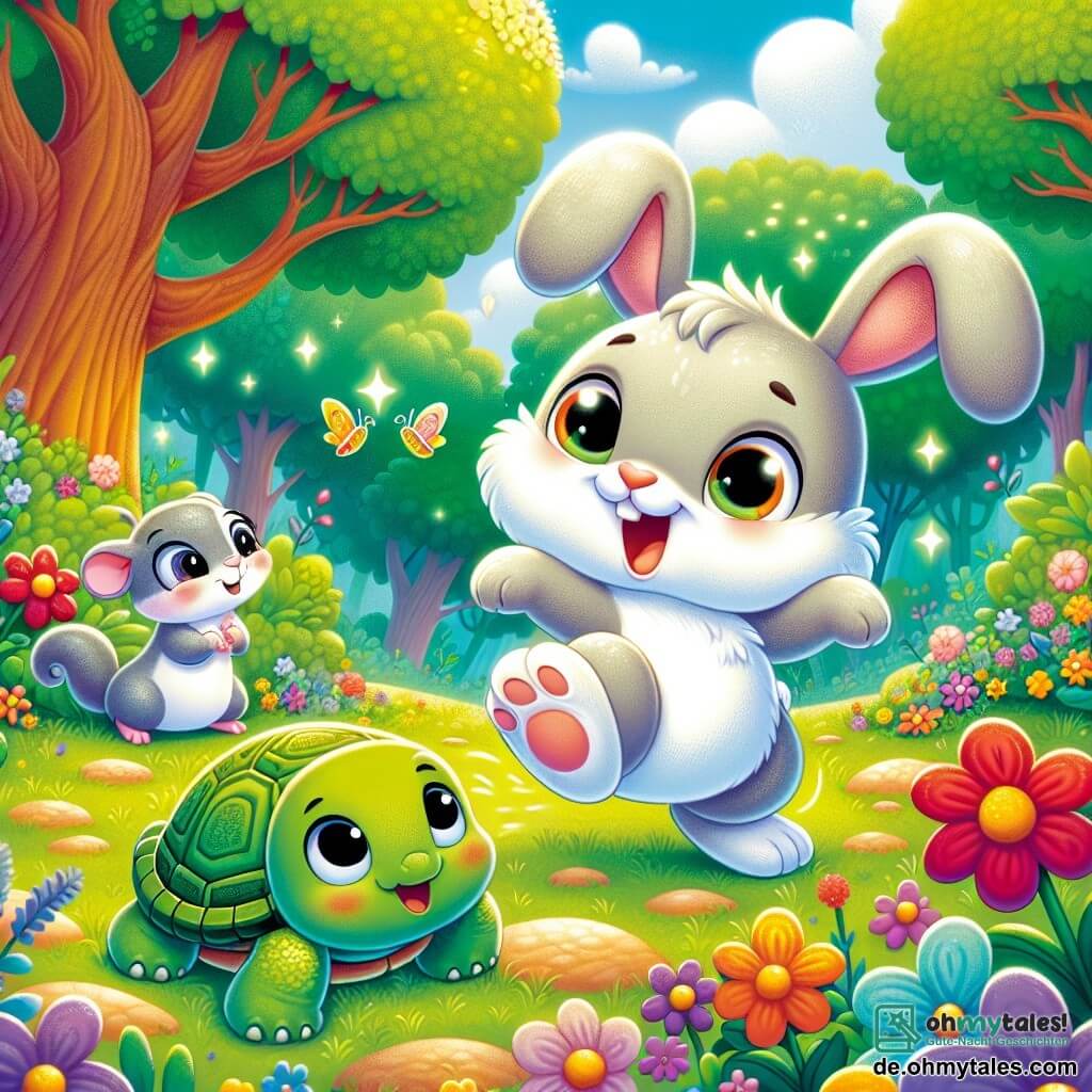 Ein kleiner Hase mit großen Ohren, einem weichen und glänzenden Fell, hüpft fröhlich in einer sonnigen Lichtung, sein Gesicht strahlt vor Aufregung und Entschlossenheit. Neben ihm beobachtet eine grüne, glänzende Schildkröte mit nachdenklichem Blick den Hasen mit einer Mischung aus Bewunderung und Besorgnis, während eine kleine Maus mit funkelnden Augen und grauem Fell, die eine bunte Blume in ihren Pfoten hält, lächelt und bereit ist, ihren Freund zu ermutigen. Die Lichtung ist von majestätischen Bäumen mit strahlenden Blättern umgeben, und bunte Blumen tanzen im Wind, was eine fröhliche und magische Atmosphäre schafft. Im Zentrum dieser Szene versuchen der Hase und seine Freunde, ein großes Schloss aus Moos und Zweigen zu bauen, ihre Gesichter zeigen sowohl Konzentration als auch Spaß angesichts dieser scheinbar unmöglichen Herausforderung.