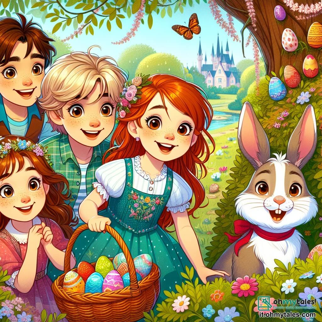 In un giardino incantato, cinque bambini sono riuniti per una caccia alle uova di Pasqua. Tommaso, un ragazzo di 10 anni con capelli castani e occhi brillanti, sorride al centro con un cesto di vimini pieno di uova colorate. A destra, Sofia, una ragazza di 9 anni con lunghi capelli rossi e lentiggini, indica un'uovo nascosto dietro un cespuglio fiorito. A sinistra, Marco, un ragazzo di 10 anni con capelli corti e biondi, ride tenendo un grande uovo di cioccolato. Dietro di loro, Luca, un ragazzo di 8 anni con capelli castani e occhiali, osserva una farfalla che vola intorno a un albero maestoso. Infine, Giulia, una ragazza di 9 anni con capelli castani e un vestito colorato, ascolta attentamente il Coniglio di Pasqua, un adorabile coniglio bianco che si trova davanti a loro, con un'aria saggia e amichevole. Il giardino è pieno di fiori vivaci, grandi alberi con foglie verdi brillanti e raggi di sole che filtrano tra i rami, creando un'atmosfera magica. La scena cattura l'eccitazione dei bambini mentre scoprono le meraviglie di questo giardino segreto, con uova di Pasqua nascoste ovunque, pronte per essere trovate.