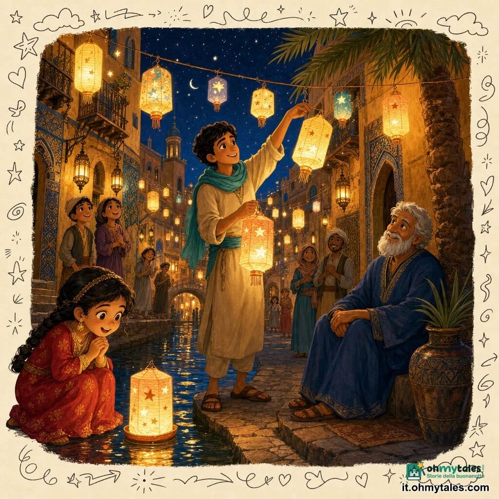 Karim, giovane dal volto sorridente e sguardo deciso, in tunica sabbia e foulard turchese tiene una piccola lanterna di carta luminosa mentre appende altre lanterne che brillano come stelle; a destra un anziano saggio barbuto in veste blu scuro sorride seduto all'ombra di una grande palma, in primo piano a sinistra una bambina di circa 7 anni con capelli intrecciati e vestito rosso con motivi dorati ammira una lanterna galleggiante; la scena si svolge di notte in una ruella lastricata di un'antica città delle Mille e una Notte con muri ocra e azulejos, lanterne sospese ai balconi e canali stretti che riflettono luci calde dorate e riflessi arancioni sotto un cielo stellato indaco, atmosfera calda e magica, luce soffusa, carta stropicciata e colori caldi con contrasti ricchi.