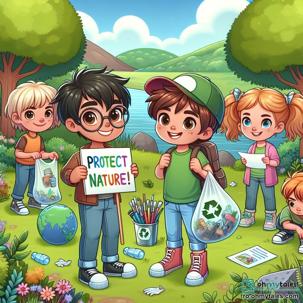 Într-un parc verde, cinci copii sunt adunați pentru o zi de activități ecologice. Andrei, un băiat de 11 ani cu părul brun și un zâmbet strălucitor, se află în centru, ținând un panou colorat cu inscripția "Protejăm natura!". La dreapta lui, Maria, o fetiță de 10 ani cu împletituri blonde și ochelari rotunzi, arată un sac plin de deșeuri pe care tocmai l-a strâns. La stânga, Elena, o fetiță de 11 ani cu părul castaniu și o șapcă, desenează afișe pe o foaie mare de hârtie. În spatele lor, Radu, un băiat de 10 ani cu părul negru și ochi strălucitori, distribuie mănuși altor copii, în timp ce David, un băiat de 11 ani cu părul roșu și un tricou verde, explică importanța misiunii lor unui grup de colegi mai mici. Parcul este plin de flori colorate, copaci măreți și un pârâu care curge liniștit, dar câteva deșeuri sunt împrăștiate pe jos, amintind de necesitatea acțiunii lor. Scena ilustrează copiii lucrând împreună, zâmbind și determinați, pentru a curăța parcul și a sensibiliza pe alții cu privire la protecția mediului, evidențiind angajamentul lor față de schimbările climatice.