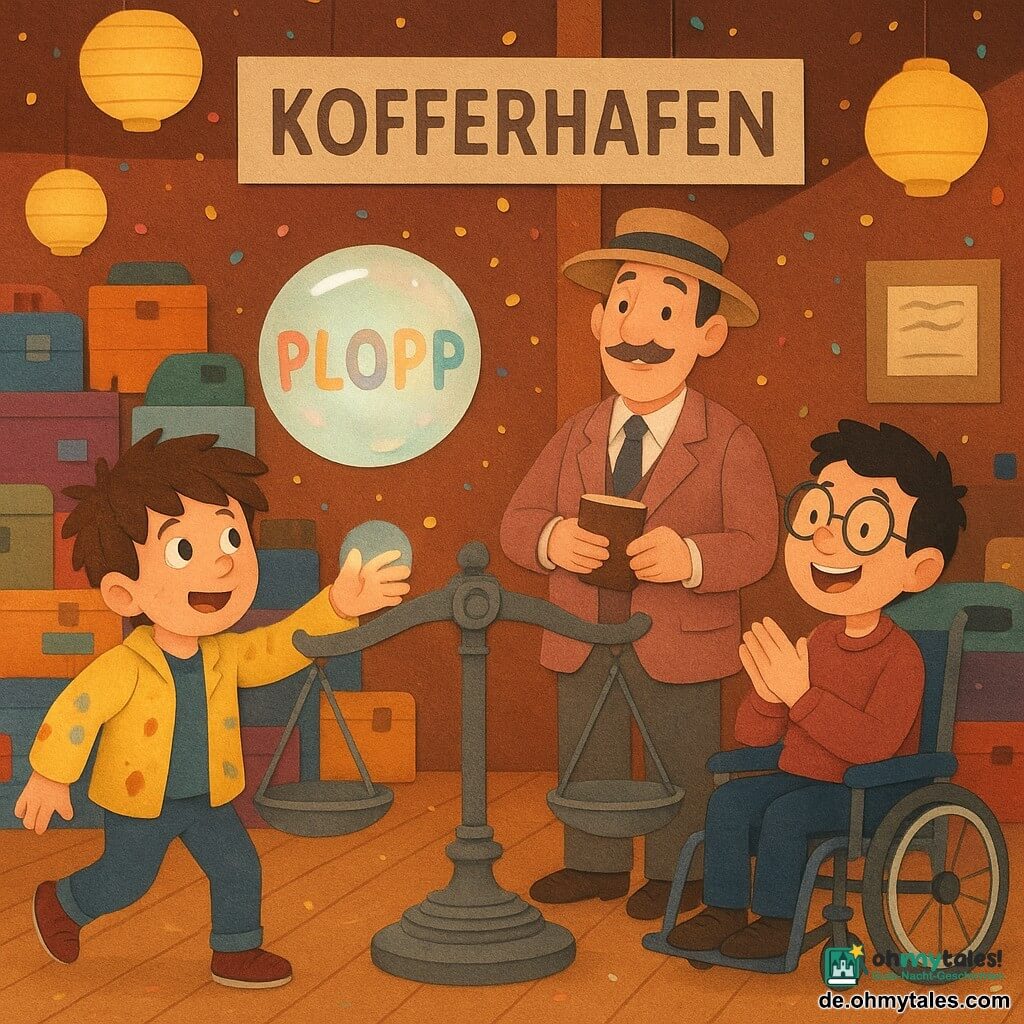 Es gibt drei Figuren: Jona, etwa 10, braune zerzauste Haare, gelbe, farbfleckige Jacke, hält die Hand eines kleinen, durchsichtigen Plopps und steht leicht links auf einem Bein, als wolle er springen; Tarek, etwa 11, kurze schwarze Haare, runde Brille, sitzt in einem blauen Rollstuhl mit Rollen, klatscht und lächelt breit, rechts der Waage gegenüber Jona; Kapitän Kofferich, erwachsener Mann ~50, großer rund gestreifter Hut, altrosa-grau gestreifter Anzug, feiner Schnurrbart, lehnt zufrieden nach hinten und hält ein kleines Logbuch, hinter der Waage in der Mitte hinten. Ort: Innenraum eines großen Hangars namens Kofferhafen, Reihen bunter Koffer wie Papierhäuser gestapelt, hängende Kugellampen, gestreiftes Holzplankenboden, sprechende Schilder mit kleinen Wellen und Aufklebern, warme Beleuchtung, glitzernde Konfetti-Flocken fallen von der Decke. Hauptsituation: Eine kleine durchsichtige, runde Klangblase „Plopp“ schwebt über einer großen alten Metallwaage, sie schimmert in Pastellfarben und trägt das Wort PLOPP in runden Buchstaben innen; Jona ermutigt die Blase, Tarek klatscht, Kofferich freut sich — ein fröhliches, absurdes und zärtliches Wiedersehensmoment mit übertriebener Mimik, kräftigen Farbkontrasten, Collage-Papier-Texturen und sanften Schatten.