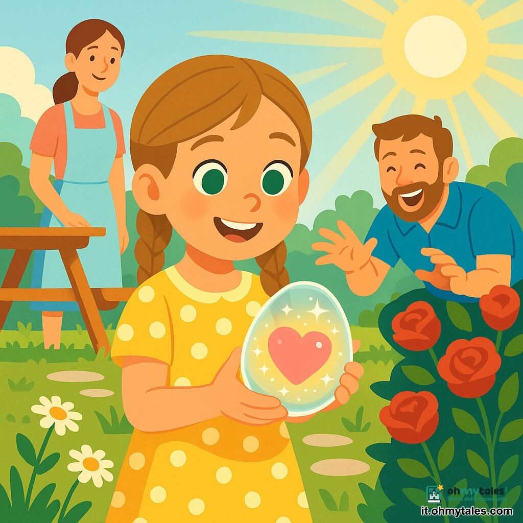 Bambina di 8 anni, gioiosa e stupita, capelli castano chiaro in due trecce, occhi verdi, vestito giallo a pois bianchi, tiene delicatamente un uovo trasparente scintillante che mostra un piccolo cuore luminoso circondato da stelle; la madre sorridente, capelli castani raccolti e grembiule pastello, è sullo sfondo vicino a un tavolo da picnic e la guarda con dolcezza; il padre divertito, barba leggera e polo blu, è accovacciato dietro un cespuglio di rose e tende la mano come se avesse nascosto uova di Pasqua; giardino mattutino luminoso con prato verde con rugiada, rose rosse e margherite bianche, piccoli sentieri di pietra, cielo azzurro e raggi di sole dorati; atmosfera tenera e magica, colori vividi e contrastati.