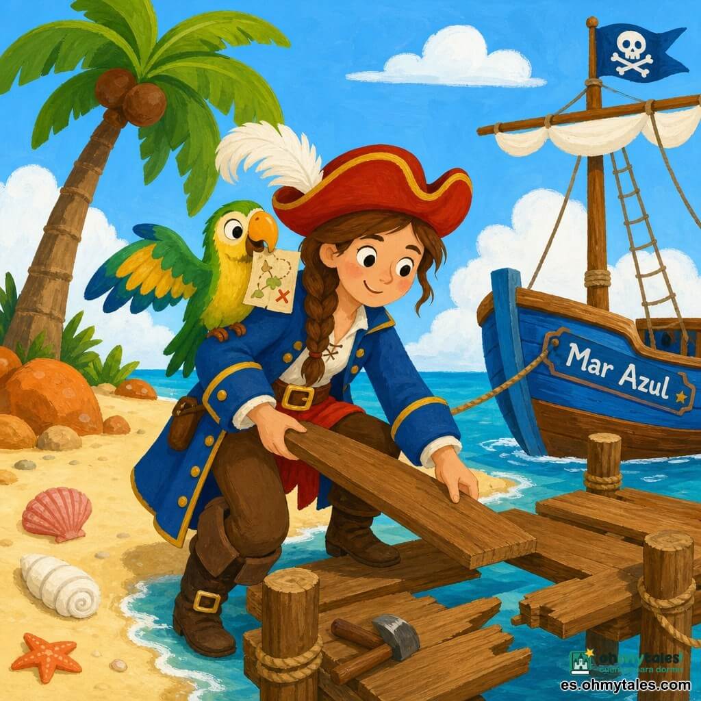 Joven pirata sonriente y decidida, cabello castaño trenzado, gran sombrero rojo con pluma, chaqueta azul y botas de cuero, coloca tablones para reparar un puente roto; un loro verde y amarillo posado en su hombro, con alas entreabiertas y una pequeña carta en el pico; escenario: isla arenosa con una palmera inclinada, rocas redondeadas anaranjadas, conchas visibles y un barco de madera azul llamado Mar Azul amarrado en la orilla; la escena muestra a la pirata y al loro construyendo juntos un puente de madera bajo un cielo soleado con algunas nubes.
