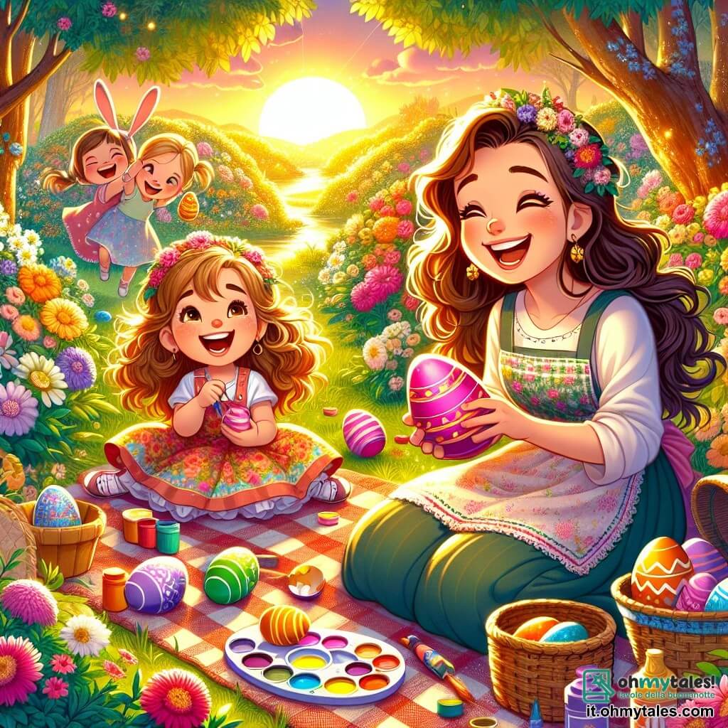 Lella, una bambina gioiosa con lunghi capelli ricci e un vestito colorato, sorride ampiamente tenendo un grande uovo di Pasqua decorato tra le mani, circondata da fiori brillanti e palloncini colorati. Accanto a lei, sua mamma, una donna calorosa con capelli castani e un grembiule, ride mentre dipinge un uovo di rosa acceso, seduta su una coperta a quadretti. Il giardino è pieno di verde lussureggiante, fiori multicolori e uova di Pasqua nascoste nell'erba, sotto i cespugli e tra i fiori. La scena è illuminata dalla luce dorata del sole al tramonto, creando un'atmosfera magica e festosa. Lella e sua mamma stanno preparando una grande caccia alle uova di Pasqua, circondate dalle risate dei bambini che corrono gioiosamente alla ricerca delle uova colorate nascoste nel giardino.