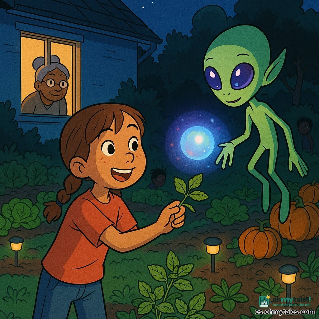 Niña de 10 años de rostro redondo y pecas, cabello castaño en dos trenzas, sonrisa asombrada, ofrece una rama de menta; pequeño extraterrestre llamado Menta, silueta verde suave, grandes ojos violetas y dedos largos, flota junto a una esfera luminosa azul; abuela de unos 65 años, pelo gris recogido, mirada curiosa junto a una ventana de la casa azul al fondo; huerto nocturno detrás de una casita azul con filas de lechugas, calabazas naranja y parterres de menta, suelo húmedo y algunas piedras; escena mágica nocturna con la esfera proyectando luces de colores y lámparas solares bajas, ambiente suave y sorprendente, colores vivos en noche tenue, sombras cálidas, contornos nítidos y hojas detalladas.