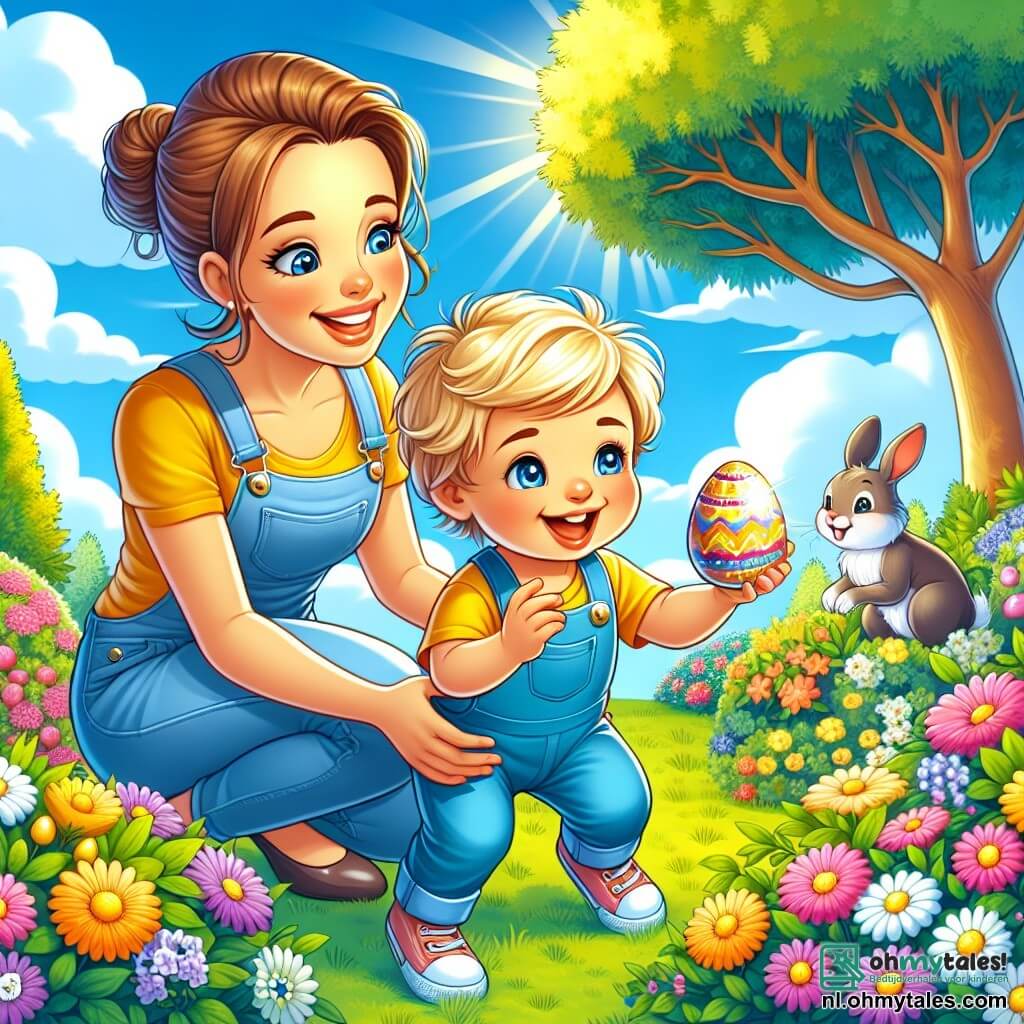 Een jongetje van 1 jaar, met blond haar en sprankelende ogen, zit in een zonnige tuin. Hij draagt een blauwe overall en een gele t-shirt, en houdt een glanzend paasei in zijn kleine handen, met een grote glimlach op zijn gezicht. Naast hem is zijn moeder, een vrouw van in de dertig, met bruin haar in een knot en een warme glimlach. Ze knielt en helpt haar zoon andere eieren in de kleurrijke tuin te zoeken. De tuin is gevuld met felgekleurde bloemen, met een grote boom in het midden, waaronder paaseieren verstopt zijn. De lucht is blauw met enkele donzige witte wolken. De hoofdscène toont het jongetje en zijn moeder die paaseieren zoeken, omringd door gelach en vreugde, terwijl een nieuwsgierig konijntje hen vanuit een bloeiende struik observeert.