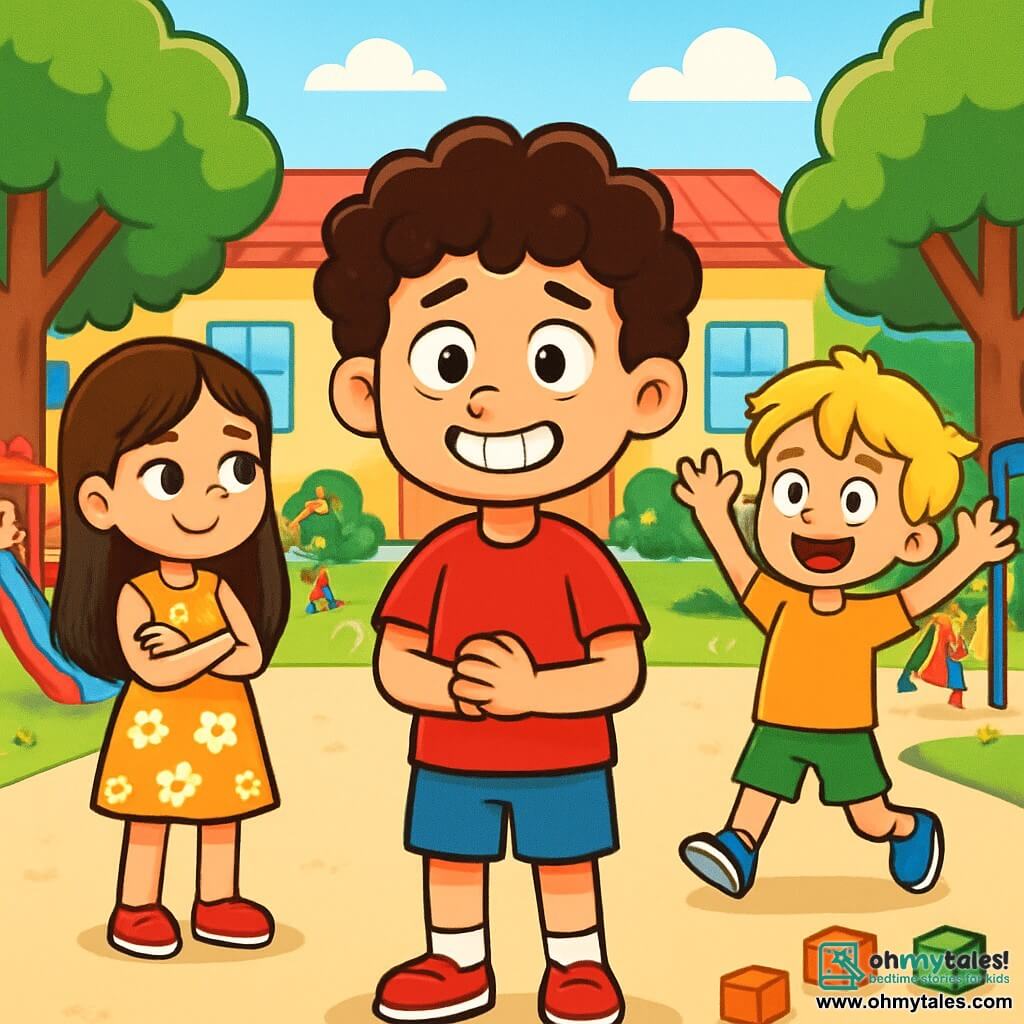 An 8-year-old boy, Max, with curly hair and a big smile, stands in the center of a sunny schoolyard. He wears a bright red t-shirt and blue shorts, his eyes sparkling with nervousness and excitement. Next to him is his best friend, Lily, an 8-year-old girl with long brown hair, wearing a floral dress and looking at him with an encouraging smile, arms crossed. Jack, an 8-year-old boy with messy blond hair, stands a bit back, arms raised, eager to see Max do a backflip. The schoolyard is surrounded by tall green trees, with colorful playground equipment in the background and children laughing and playing. Construction blocks are scattered on the ground, indicating a group activity. Max, a bit hesitant, is about to confess that he lied about being able to do a backflip, while his friends listen attentively, creating an atmosphere of tension and anticipation.