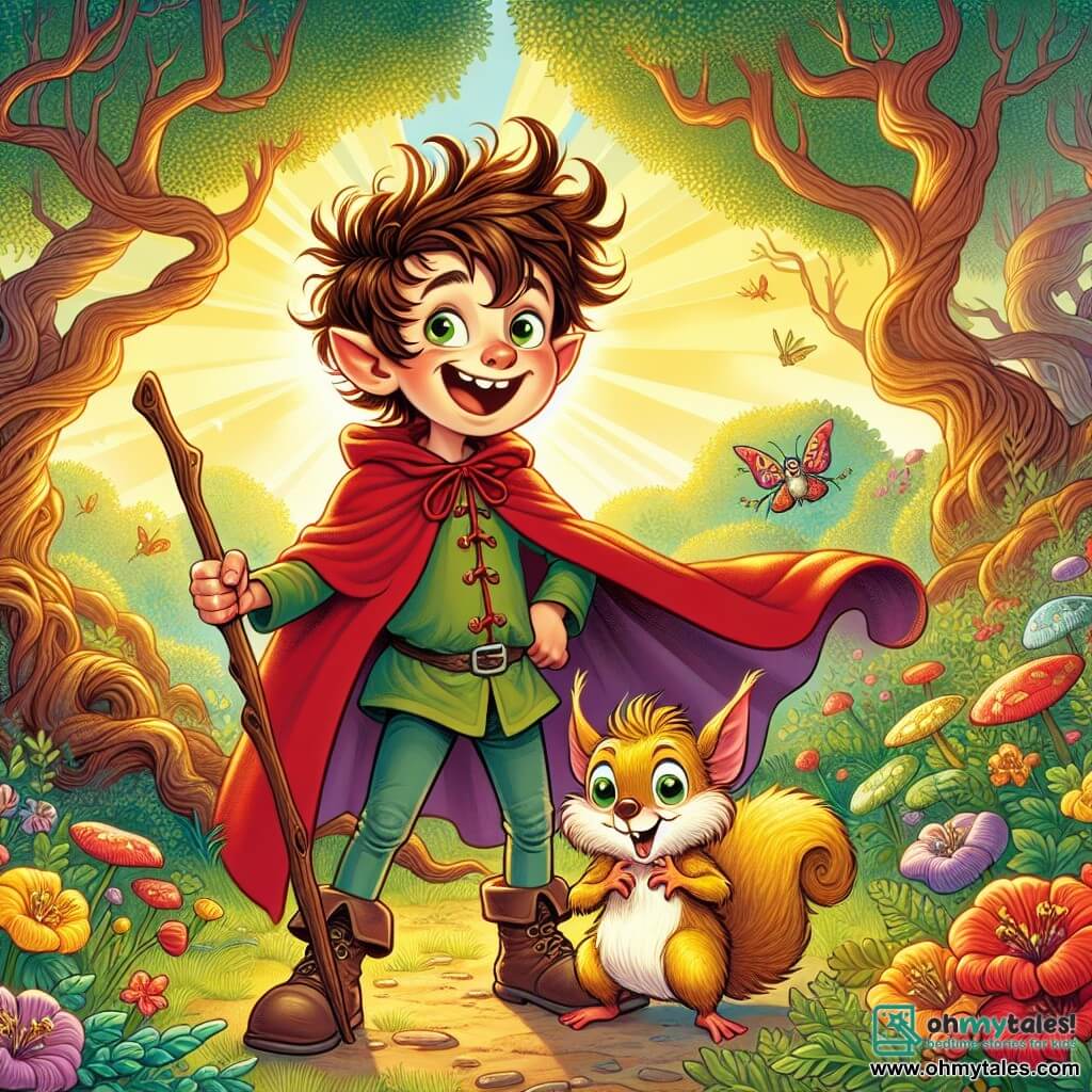 An 8-year-old boy, Max, with messy brown hair and a big amazed smile, wears a red cape made from an old curtain. He wields a wooden stick, imitating a heroic swordsman, with sparkling eyes full of excitement. Beside him is a small squirrel named Nibbles, with golden fur and mischievous eyes, standing on its hind legs, gesturing enthusiastically. The setting is an enchanted clearing, surrounded by twisted trees and colorful flowers that seem to dance in a light breeze. Sun rays break through the foliage, illuminating the scene with a golden light. The main situation shows Max and Nibbles facing a mischievous little goblin, juggling royal socks with a sly grin on his face. The goblin, with green skin and large pointed ears, stands behind a bush, ready to challenge Max with a riddle.