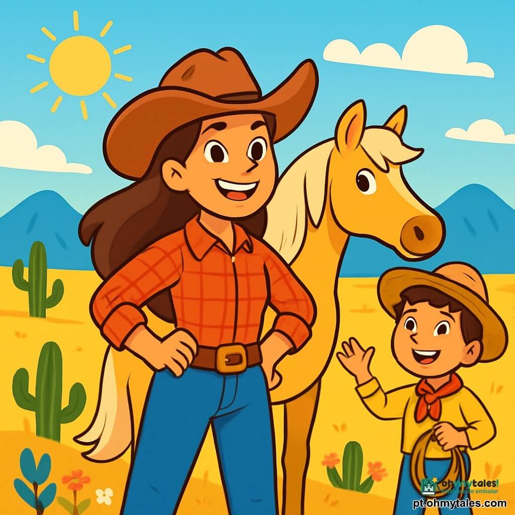 Uma cowgirl chamada Rosa Valente, uma jovem de cabelos longos e castanhos, usando um grande chapéu de cowboy e uma camisa xadrez vermelha, está orgulhosamente em uma colina. Seu rosto expressa determinação e alegria, com um sorriso radiante. Ao seu lado, sua fiel égua, Estrela, uma égua de pelagem dourada, observa o horizonte com curiosidade. Um garoto chamado Nando, com cerca de 10 anos, está um pouco afastado, usando um chapéu de palha e um grande sorriso. Ele segura uma corda em uma mão e observa Rosa com admiração. O cenário é uma vasta pradaria dourada, salpicada de cactos e flores silvestres, sob um céu azul brilhante, onde o sol brilha intensamente. Ao fundo, montanhas se desenham, criando uma paisagem majestosa. A cena principal mostra Rosa Valente, pronta para partir em uma aventura para buscar um médico, com uma expressão de coragem e excitação, enquanto Nando a incentiva com um gesto amigável.