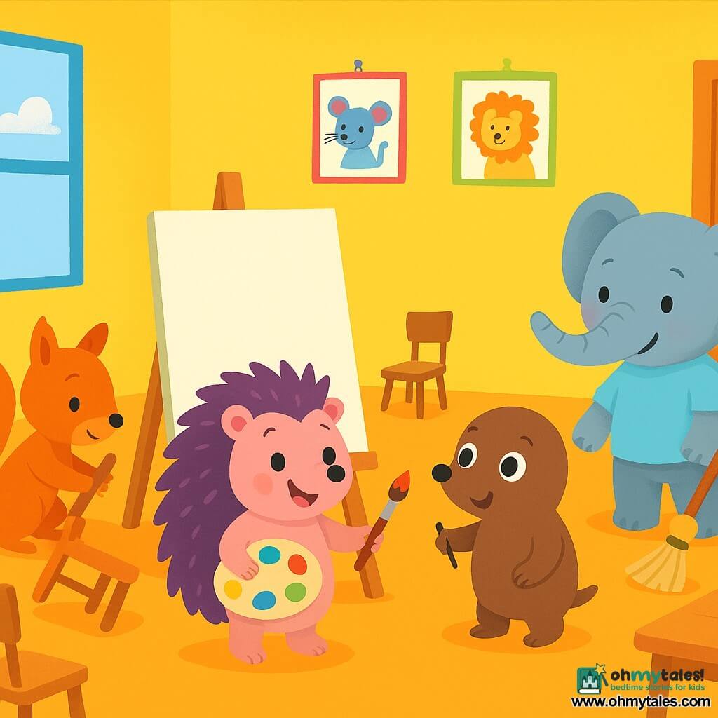 Lila, a little hedgehog with soft, shiny spines, is cheerful and determined, holding a colorful paint palette in her tiny paws. She stands in front of a large white canvas, ready to paint, with a big smile on her face. Next to her, Max, a small mole with round, curious eyes, is amazed, holding a brush in his paw and looking at Lila with admiration. Sam, an agile squirrel with a bushy tail and sparkling eyes, is arranging chairs around them, displaying a focused and joyful expression. Ellie, a gentle and friendly elephant, stands by the door with a broom in her trunk, smiling and ready to help. The setting is a bright classroom with vibrant yellow walls, sunlight streaming through the windows, and animal drawings hanging everywhere. Wooden tables are arranged around, and a large blackboard is filled with bright colors. The main scene shows Lila and her friends sharing ideas and helping each other paint together, illustrating gender equality and the joy of teamwork.