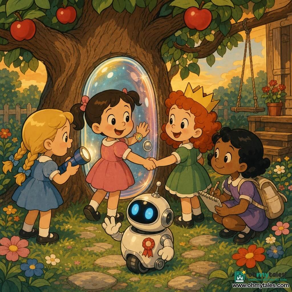 There are five characters: Mia, ~4, brown pigtails, wearing a round toy watch with big numbers, holding Lila’s hand and touching the rim of a small shimmering door set against an apple tree trunk; Zoe, ~4, blond braids, holding a blue plastic flashlight to the left of Mia and pointing it at the door; Lila, ~4, curly red hair with a paper crown, holding Mia’s hand and smiling at the door to Mia’s right; Nora, ~4, short black hair, beige backpack and notebook, crouched slightly behind the group ready to write; and Ticky, a small white chrome spherical toy robot with two blue glowing eyes and a red ribbon sticker reading TICKY, rolling in front of the door. Setting: a family garden under a large apple tree with green grass, a few flowers, a stone path, an old swing in the background and a wooden porch, warm late-afternoon light. Main scene: the four girls stand in a circle holding hands before a small semi-transparent shimmering door leaning on the tree trunk that pulses faintly; Ticky rolls in front inviting them to enter; joyful atmosphere, bright colors, soft rounded features.