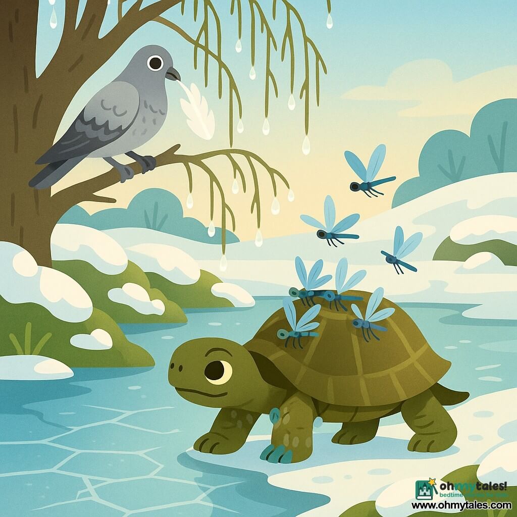 A brown-green turtle with light-ringed stripes, gentle focused eyes and a determined kind expression walks slowly along the edge of a frozen pond carrying several small blue-and-silver dragonflies on its shell; a pale gray pigeon (peregrine) with soft feathers and bright eyes perches on a low willow branch watching while holding a white feather in its beak; the tremulous but grateful dragonfly family cling to the turtle's shell and lift off in small bursts as the turtle reaches open ground; the winter pond has shiny ice cracked with fine silver lines, mossy banks dusted with snow, and a large willow with icicle-dotted drooping branches reflecting the soft morning light, the scene conveying a calm, patient rescue as the turtle advances under warm low light.
